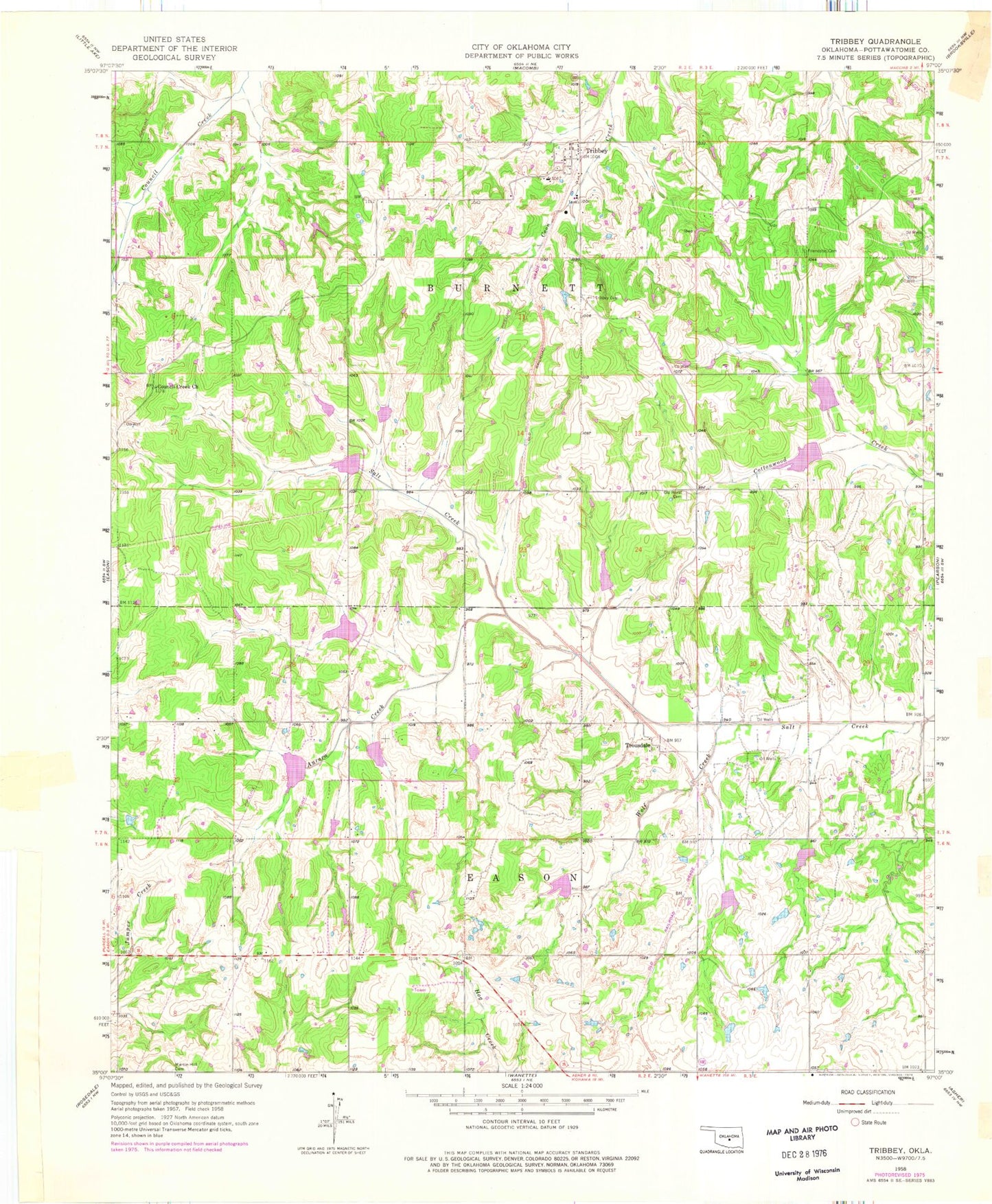 Classic USGS Tribbey Oklahoma 7.5'x7.5' Topo Map Image