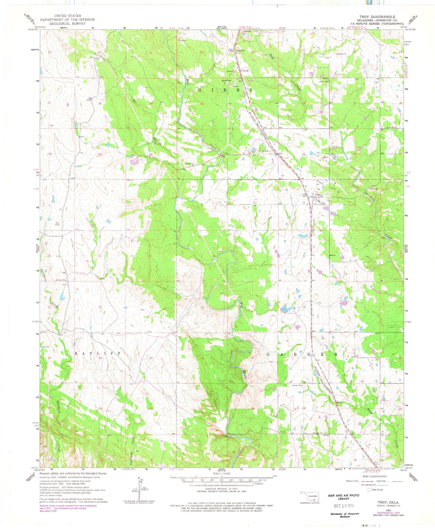 Classic USGS Troy Oklahoma 7.5'x7.5' Topo Map Image