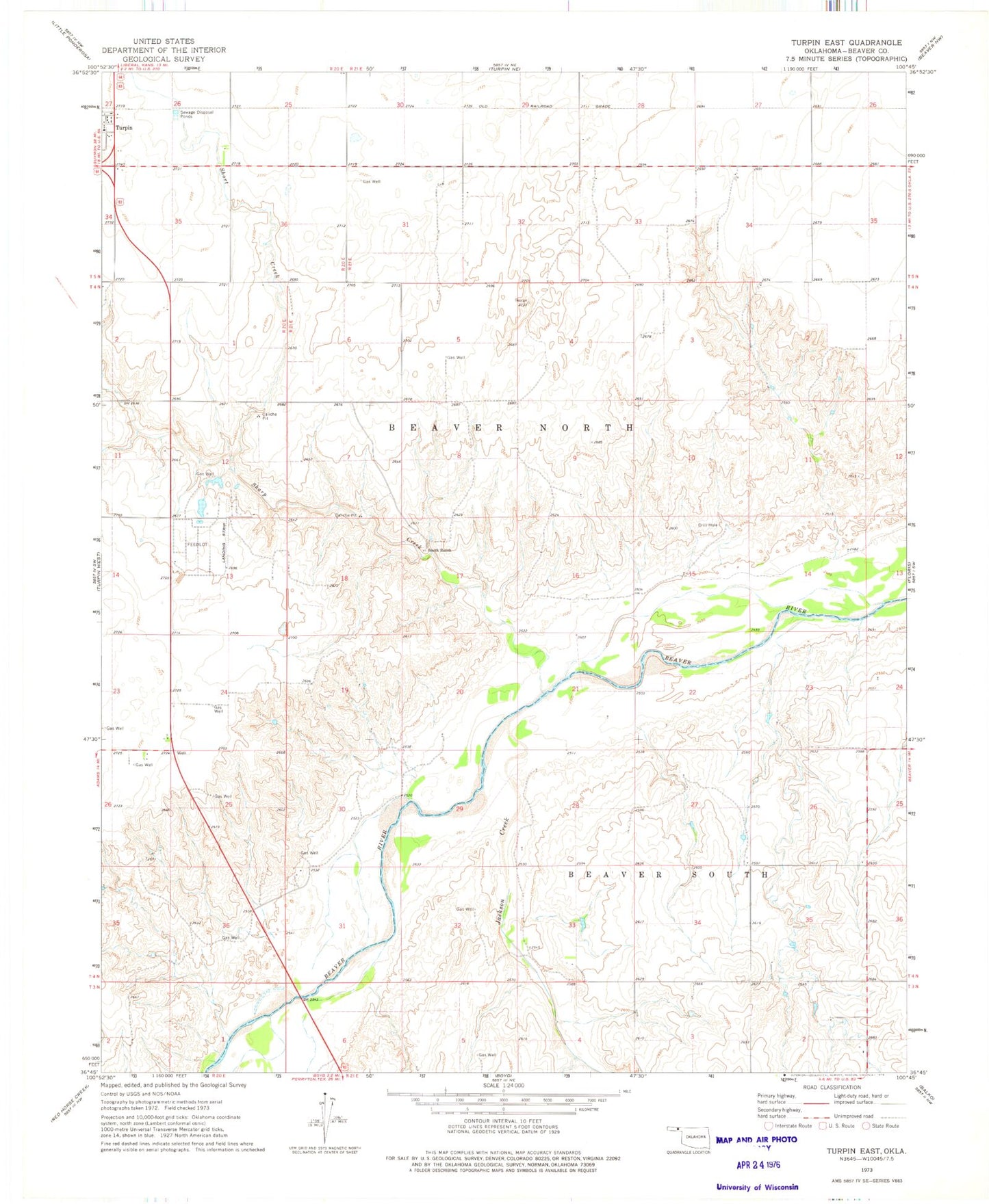 Classic USGS Turpin East Oklahoma 7.5'x7.5' Topo Map Image