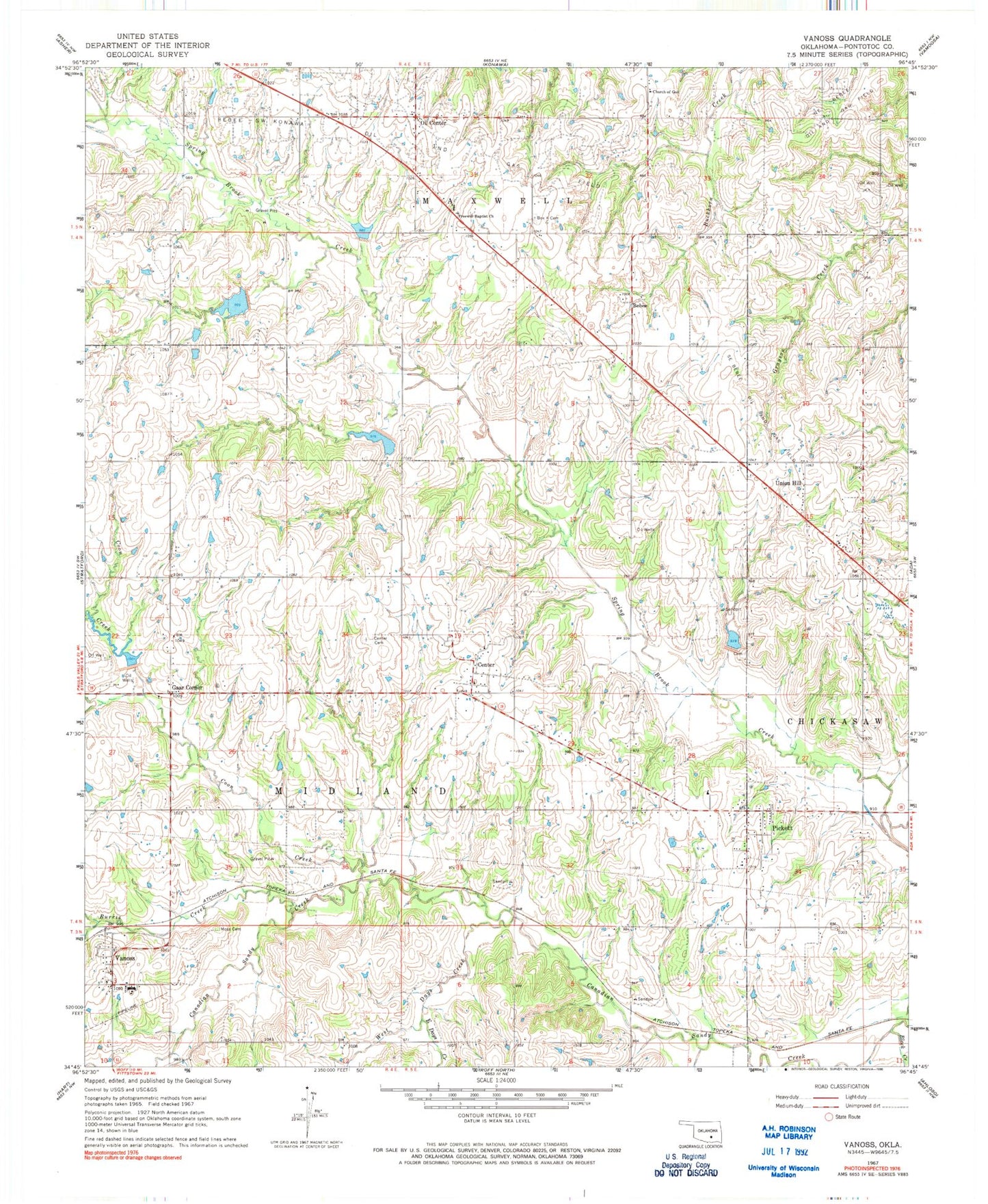 Classic USGS Vanoss Oklahoma 7.5'x7.5' Topo Map Image