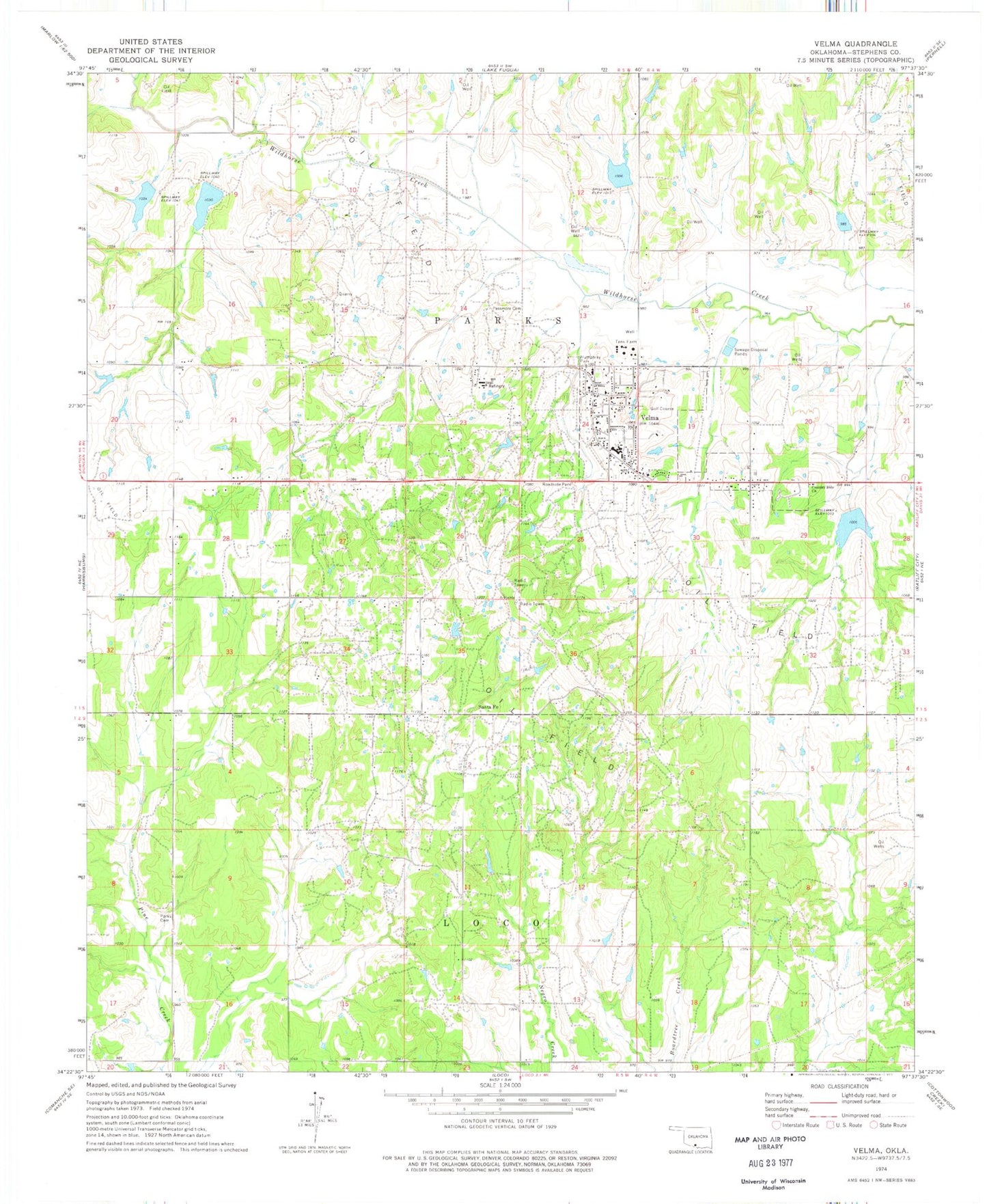 Classic USGS Velma Oklahoma 7.5'x7.5' Topo Map Image
