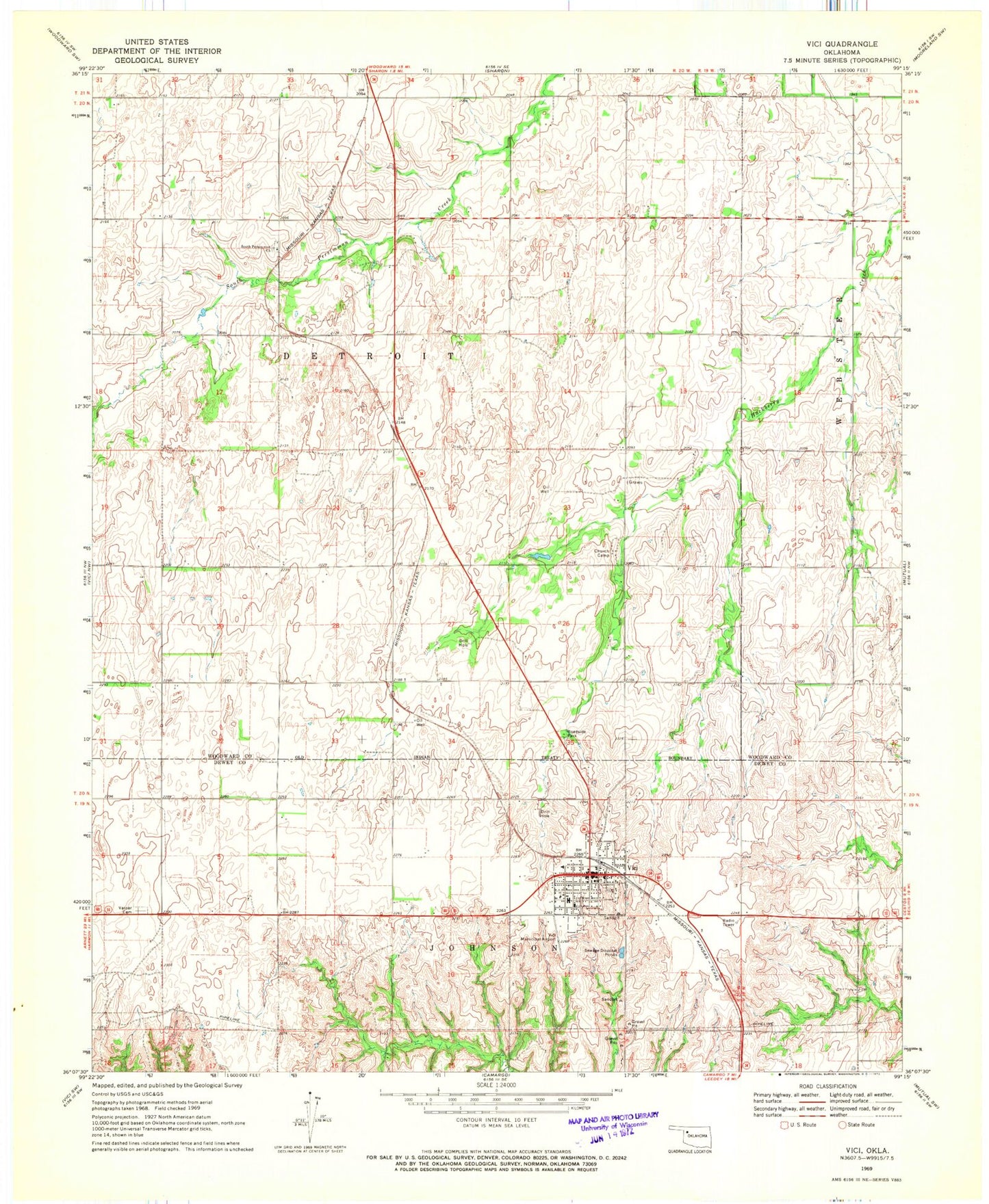 Classic USGS Vici Oklahoma 7.5'x7.5' Topo Map Image