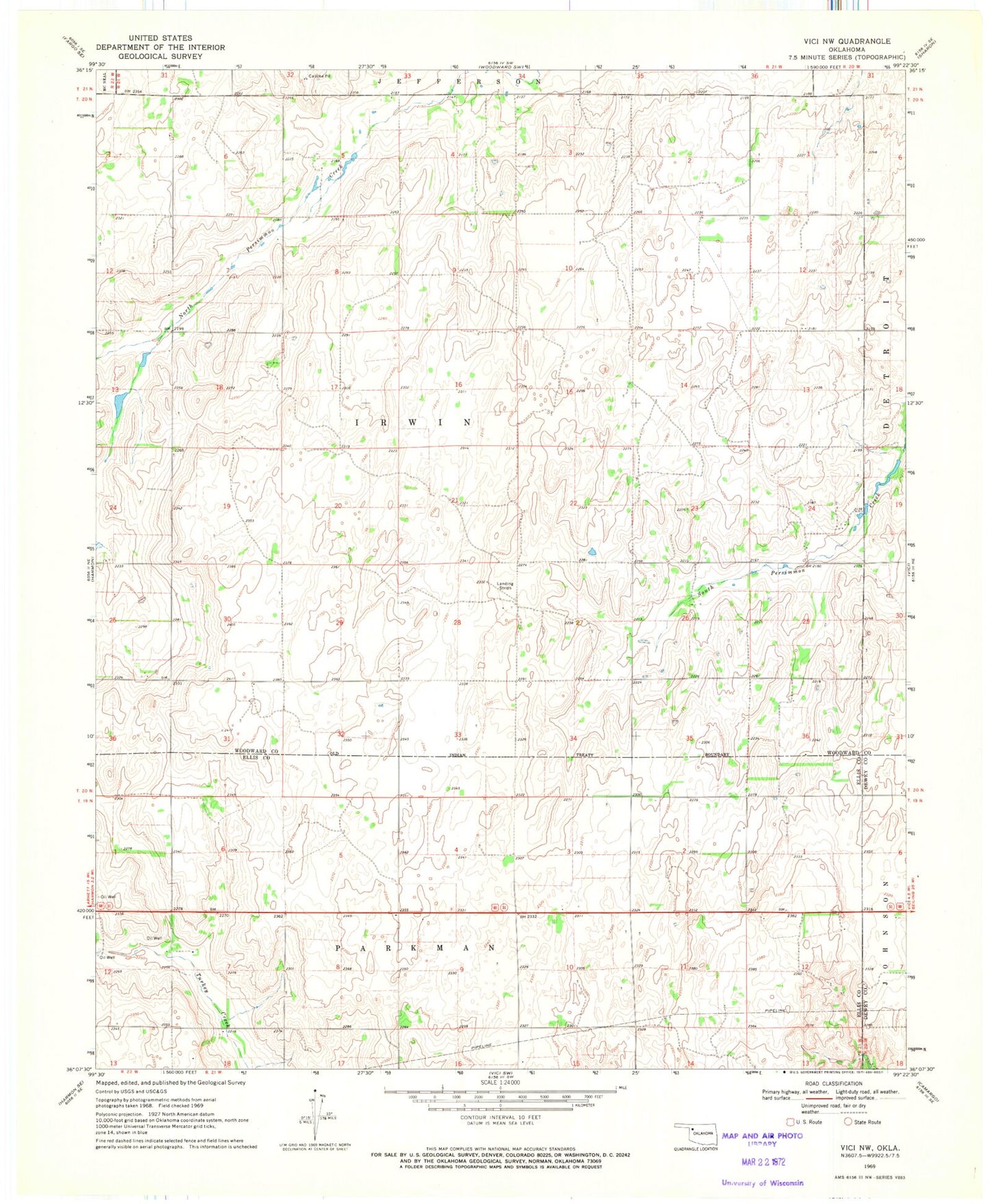 Classic USGS Vici NW Oklahoma 7.5'x7.5' Topo Map Image