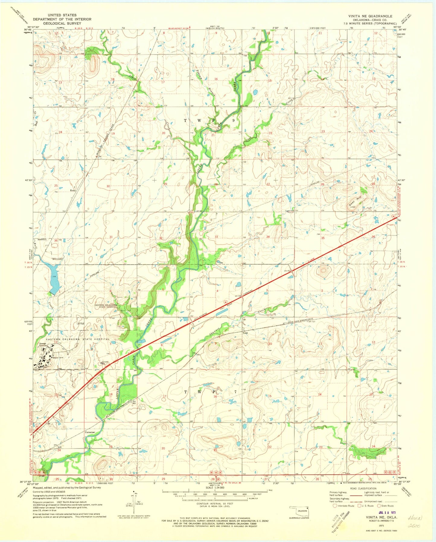 Classic USGS Vinita NE Oklahoma 7.5'x7.5' Topo Map Image