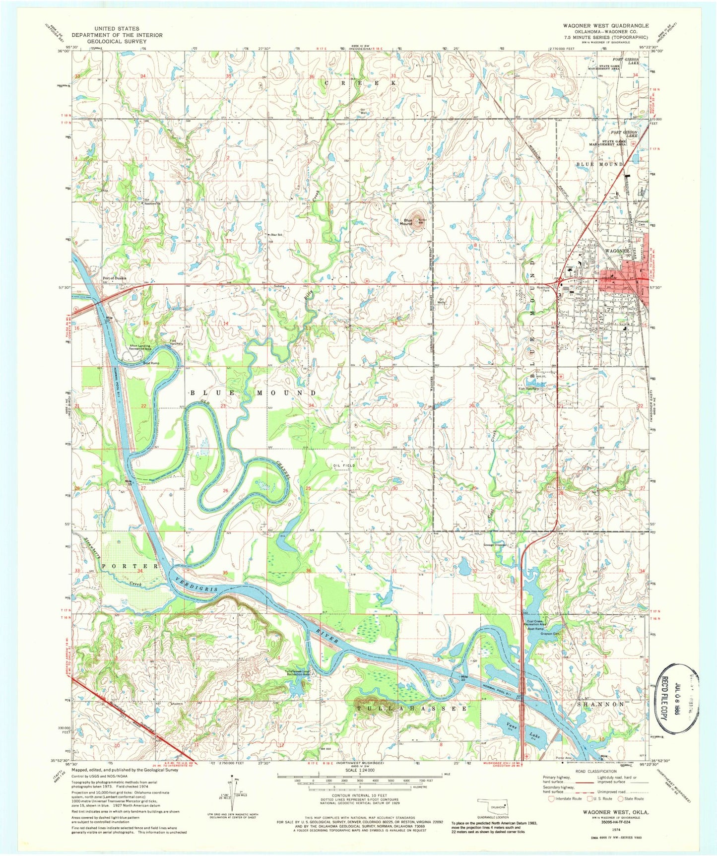 Classic USGS Wagoner West Oklahoma 7.5'x7.5' Topo Map Image