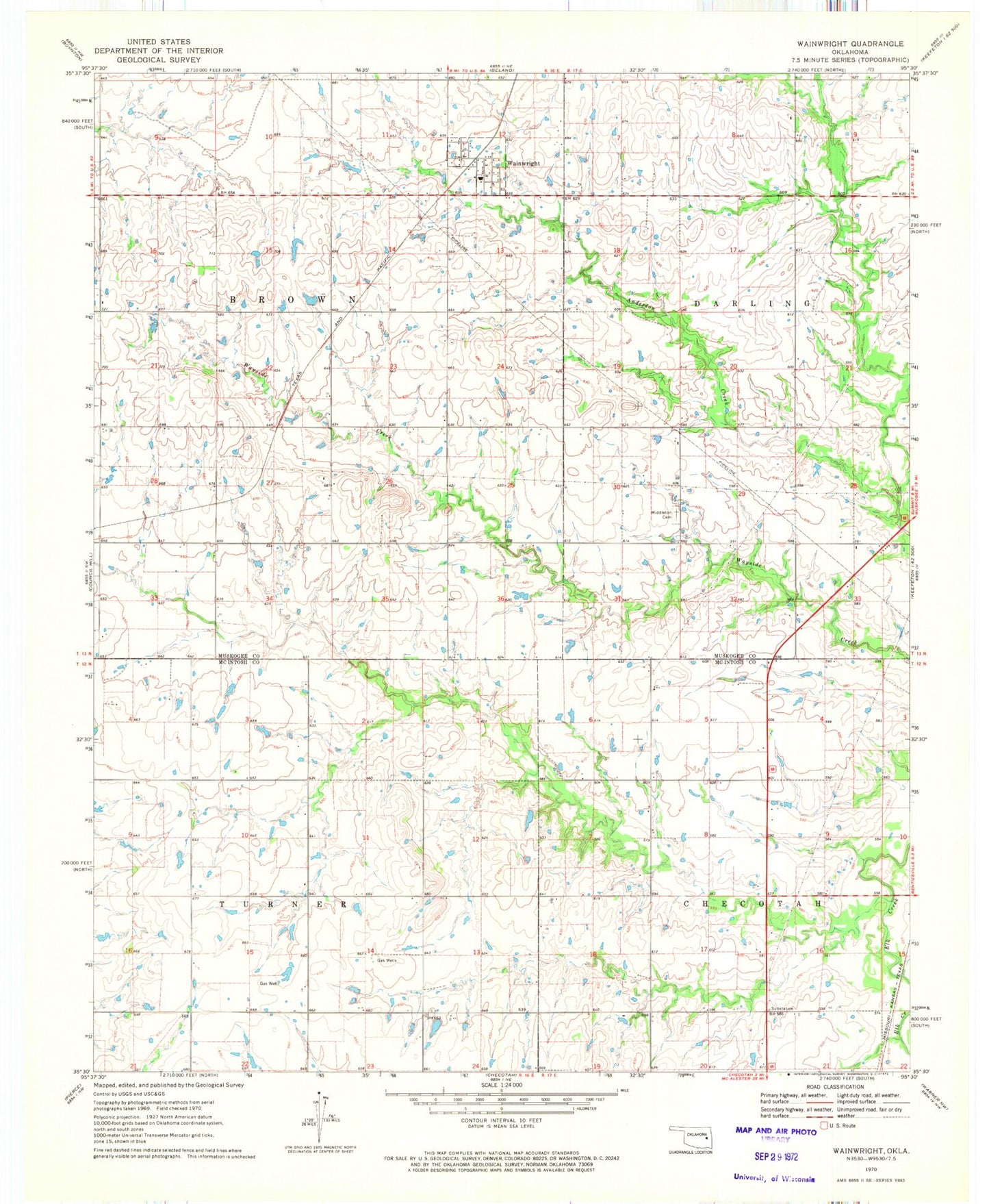 Classic USGS Wainwright Oklahoma 7.5'x7.5' Topo Map Image