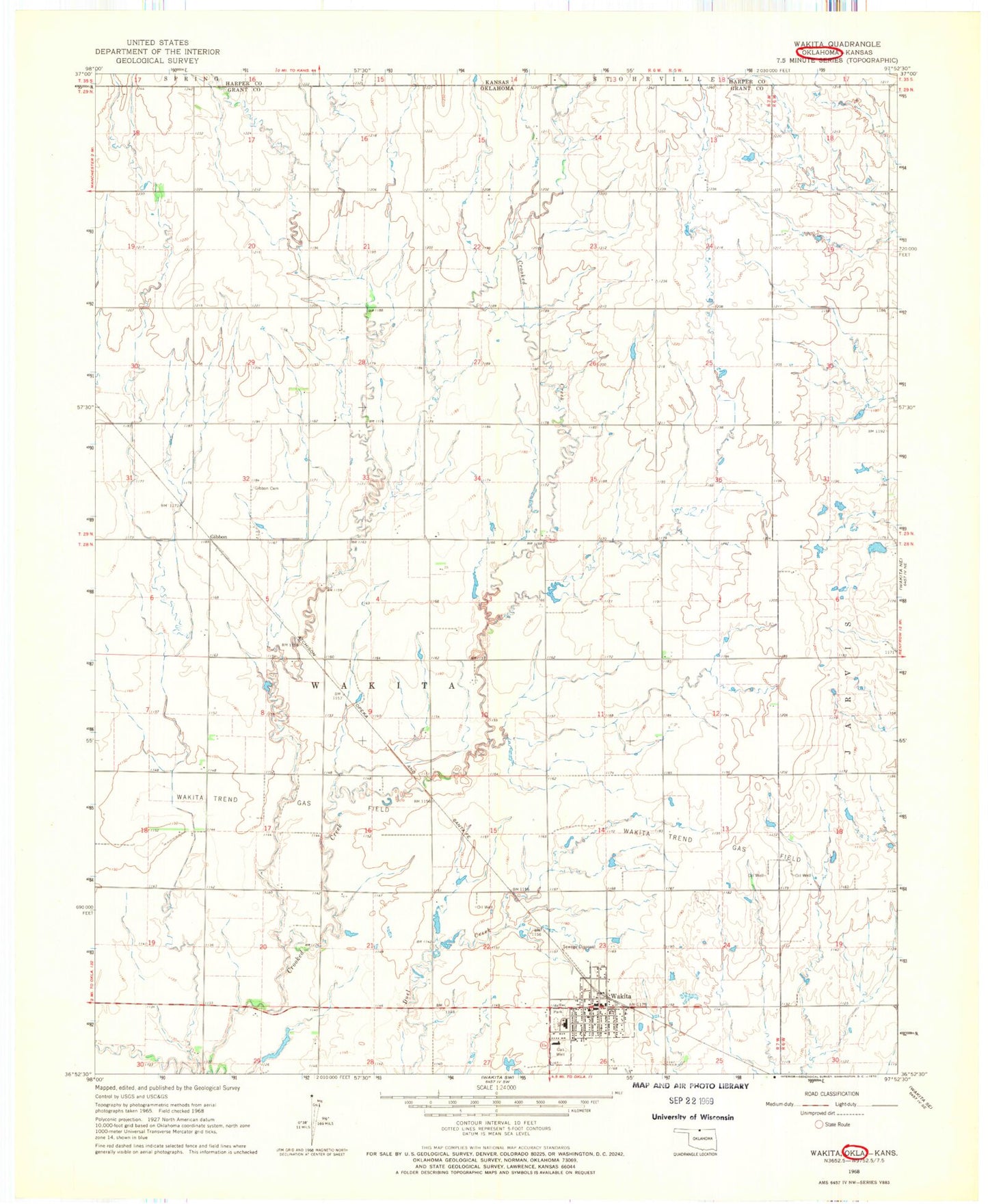 Classic USGS Wakita Oklahoma 7.5'x7.5' Topo Map Image