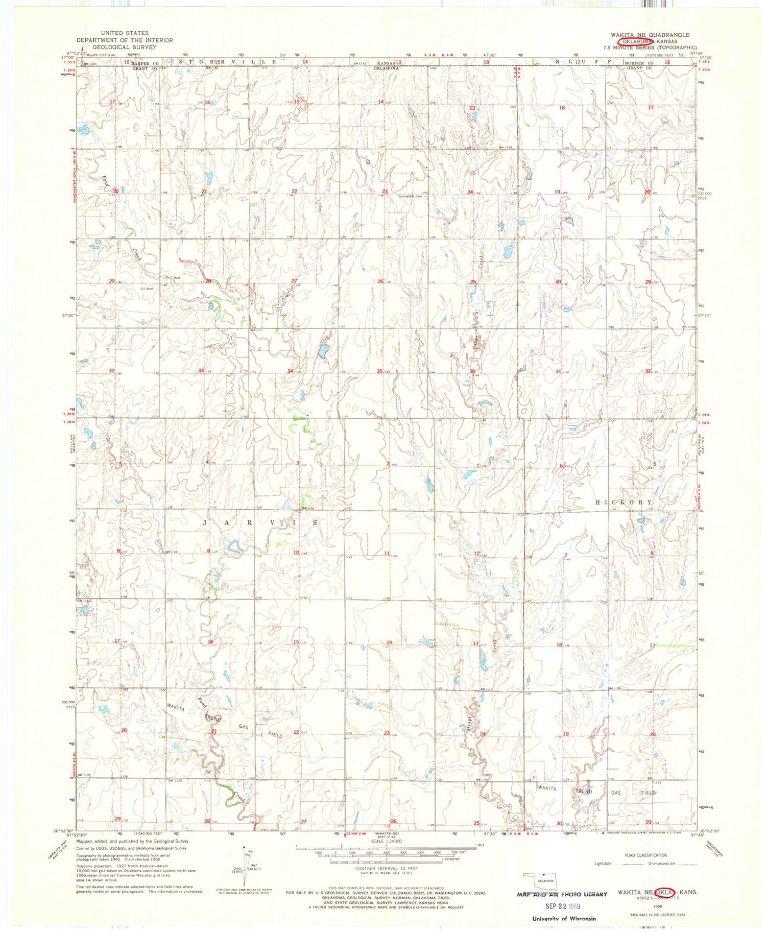 Classic USGS Wakita NE Oklahoma 7.5'x7.5' Topo Map Image