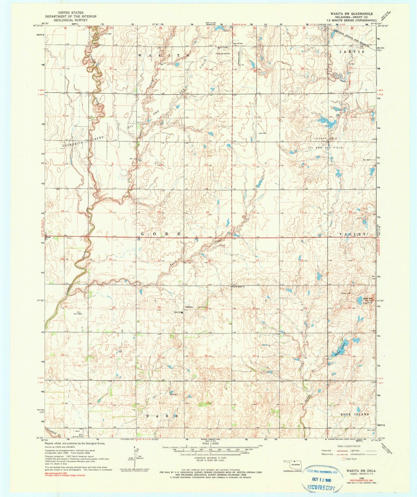 Classic USGS Wakita SW Oklahoma 7.5'x7.5' Topo Map Image