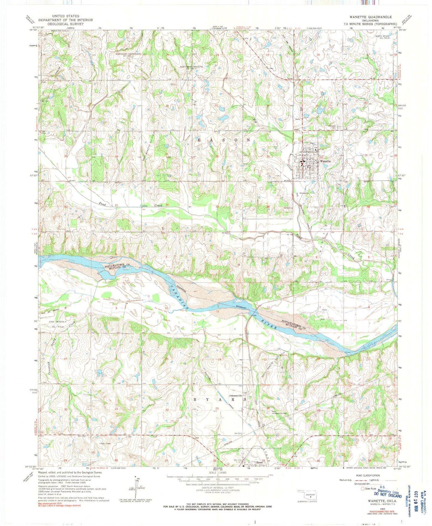 Classic USGS Wanette Oklahoma 7.5'x7.5' Topo Map Image
