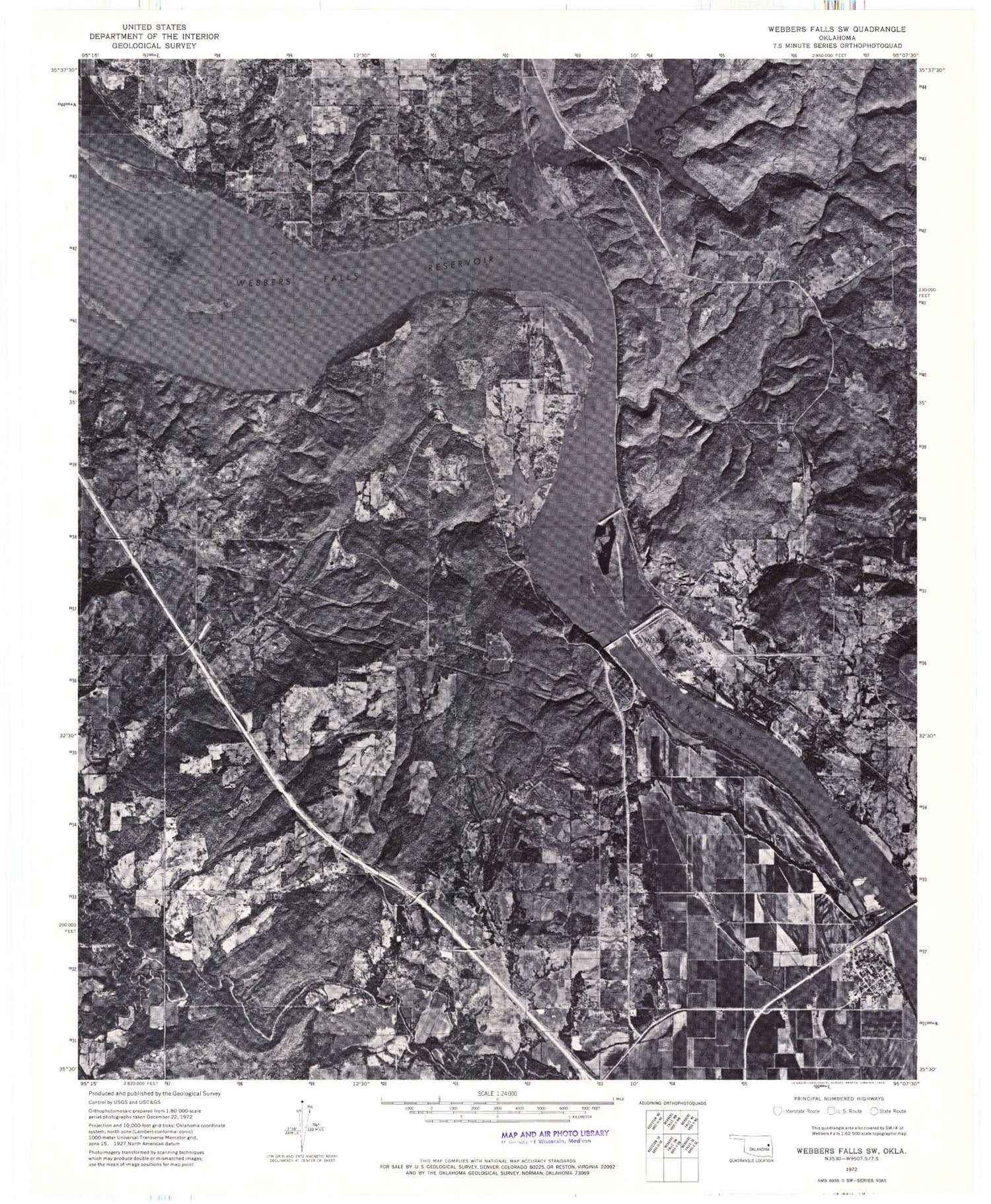 Classic USGS Webbers Falls Oklahoma 7.5'x7.5' Topo Map Image