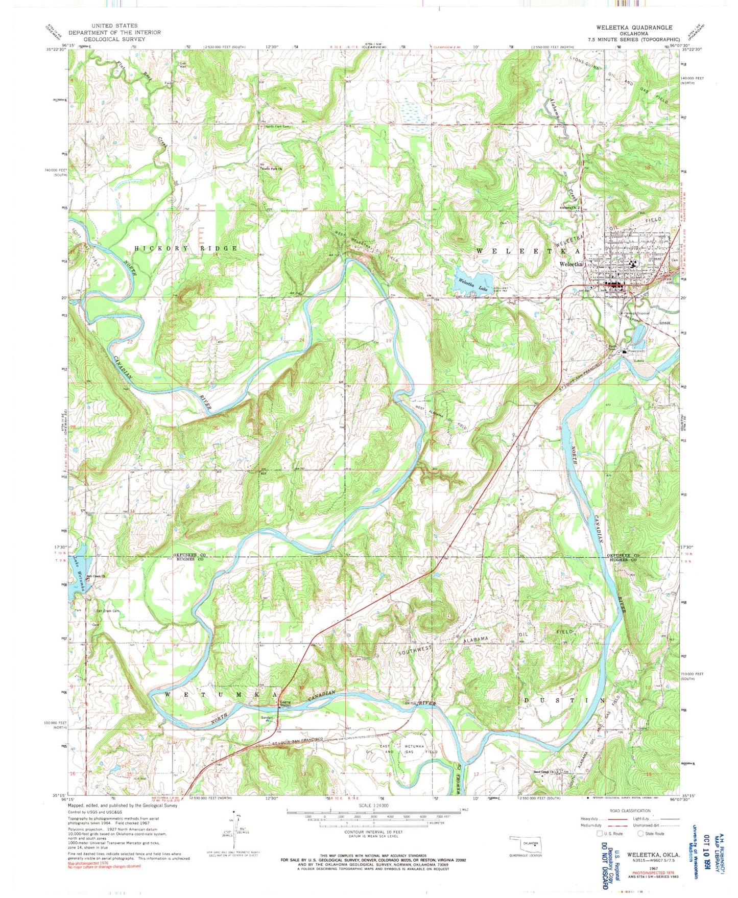 Classic USGS Weleetka Oklahoma 7.5'x7.5' Topo Map Image