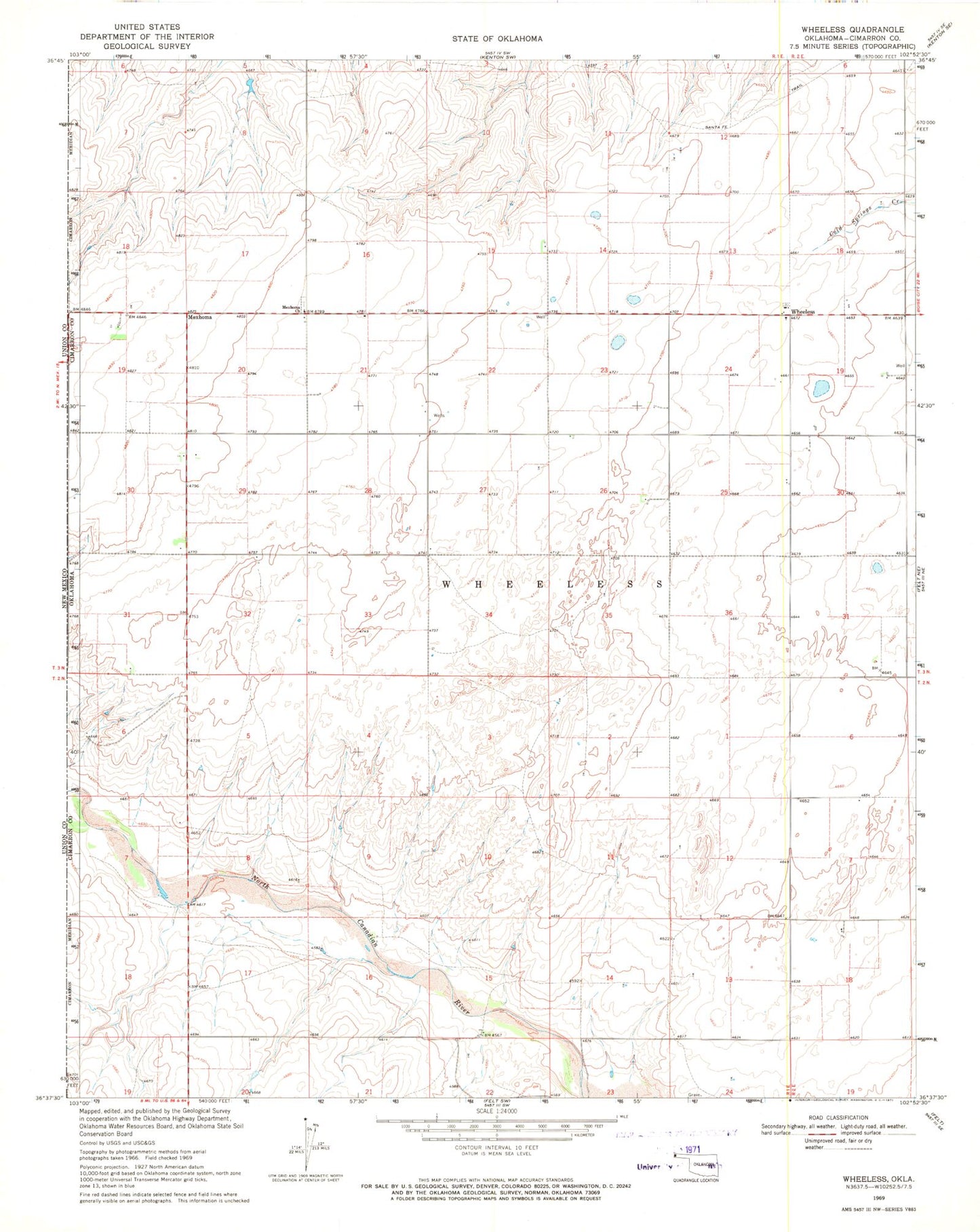 Classic USGS Wheeless Oklahoma 7.5'x7.5' Topo Map Image