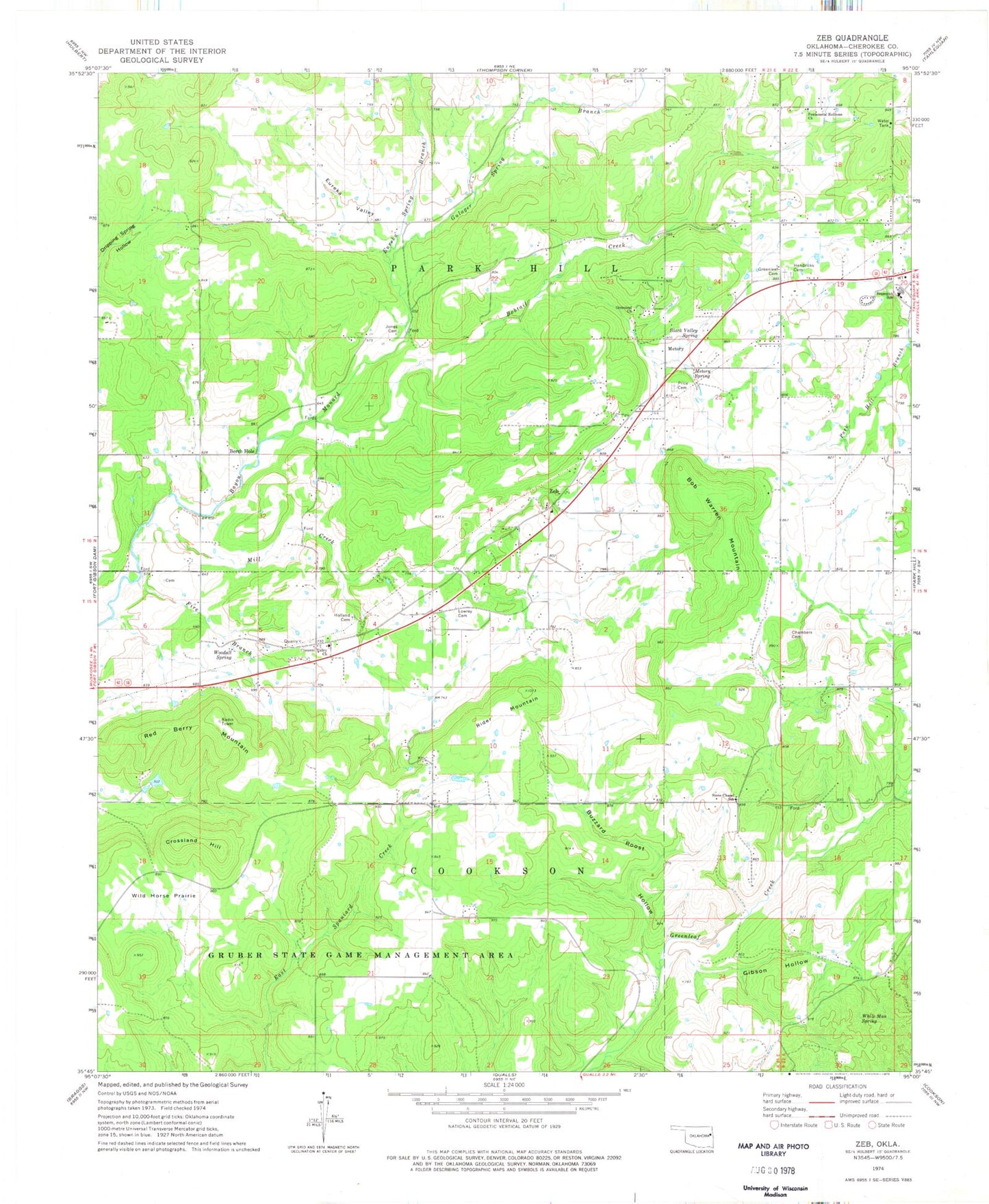 Classic USGS Zeb Oklahoma 7.5'x7.5' Topo Map Image