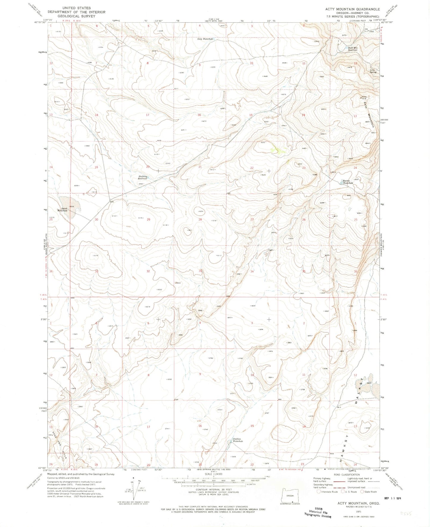 Classic USGS Acty Mountain Oregon 7.5'x7.5' Topo Map Image