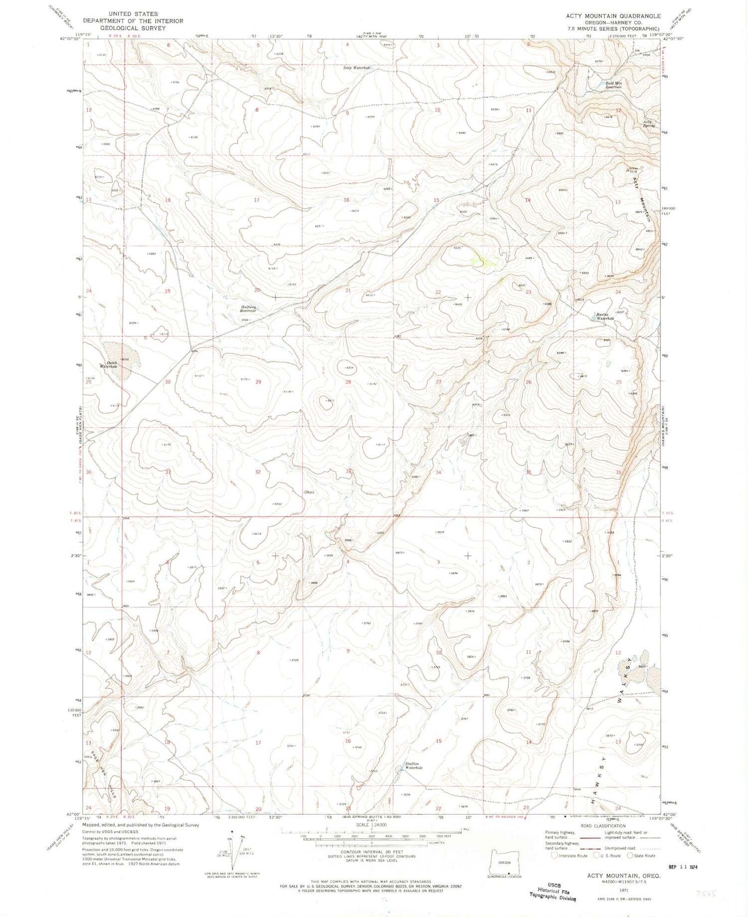 Classic USGS Acty Mountain Oregon 7.5'x7.5' Topo Map Image