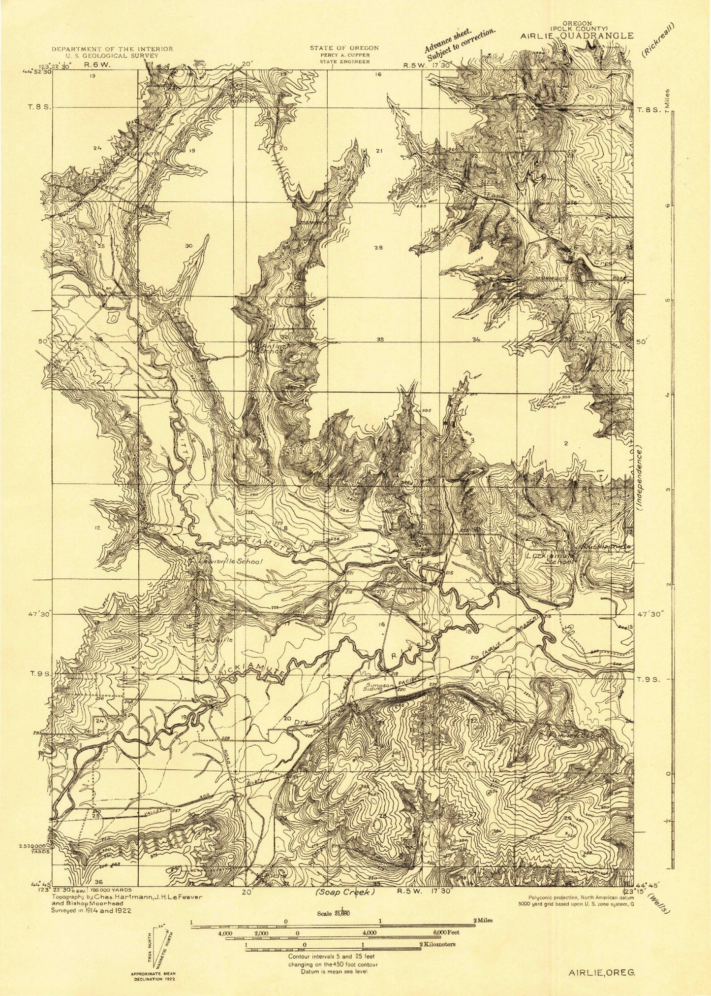 Classic USGS Airlie North Oregon 7.5'x7.5' Topo Map Image