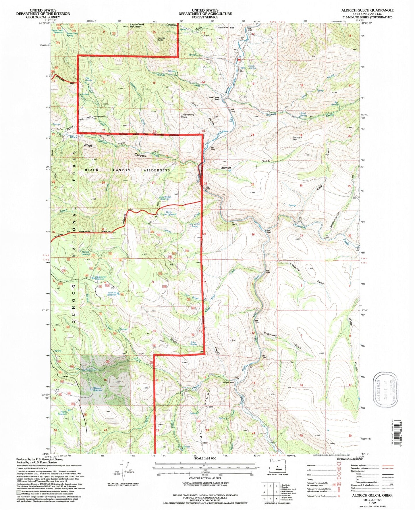 Classic USGS Aldrich Gulch Oregon 7.5'x7.5' Topo Map Image