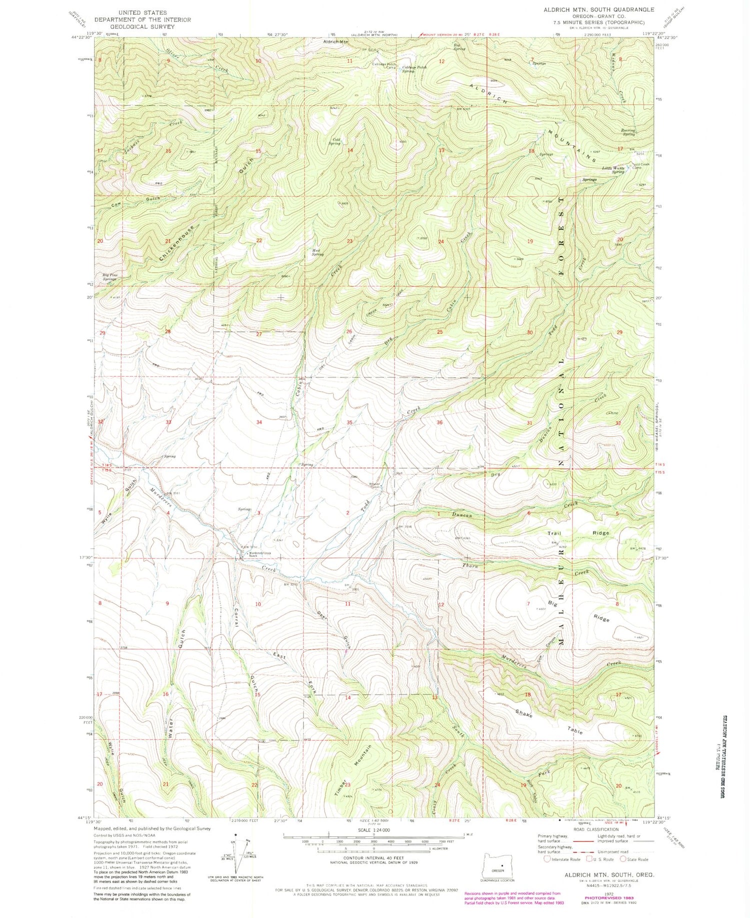Classic USGS Aldrich Mountain South Oregon 7.5'x7.5' Topo Map Image