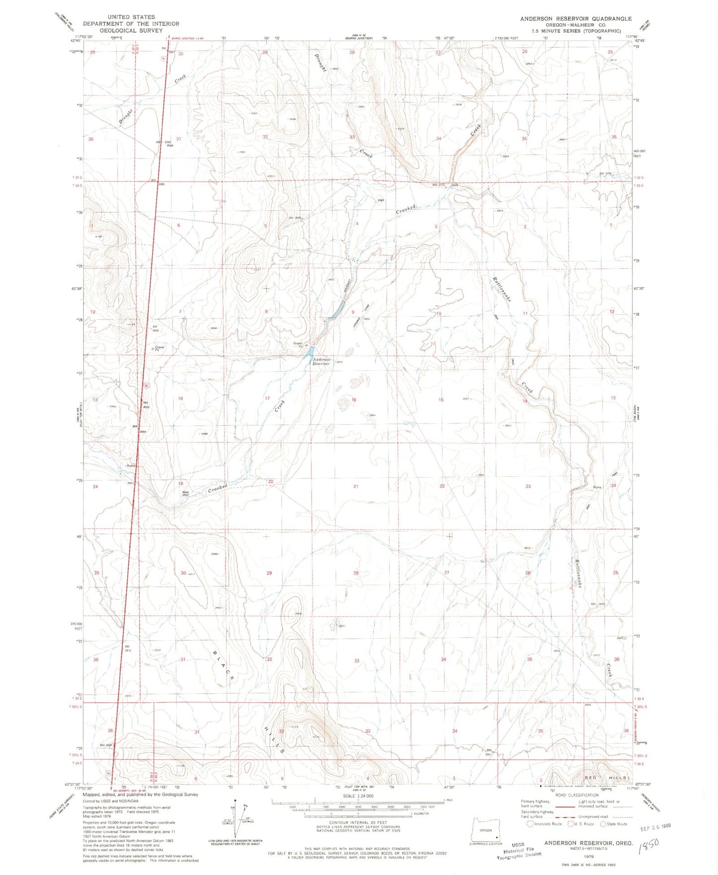 Classic USGS Anderson Reservoir Oregon 7.5'x7.5' Topo Map Image