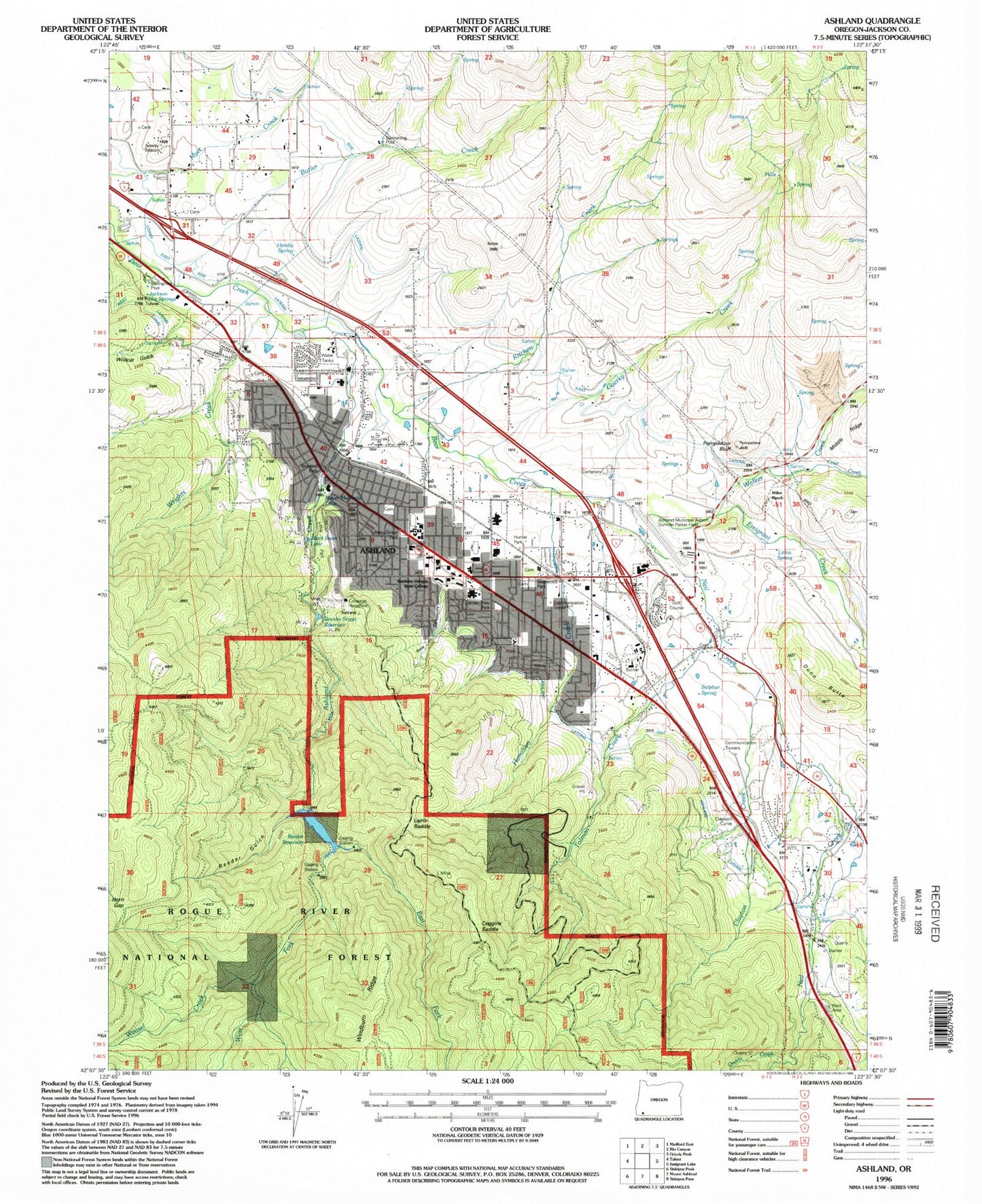 Classic USGS Ashland Oregon 7.5'x7.5' Topo Map Image