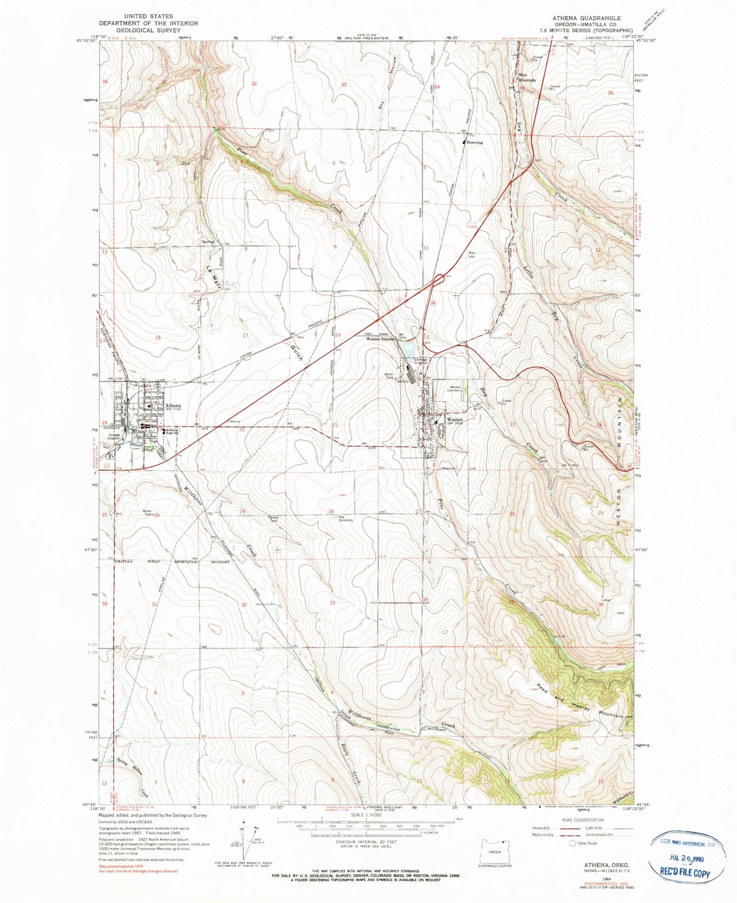 Classic USGS Athena Oregon 7.5'x7.5' Topo Map Image