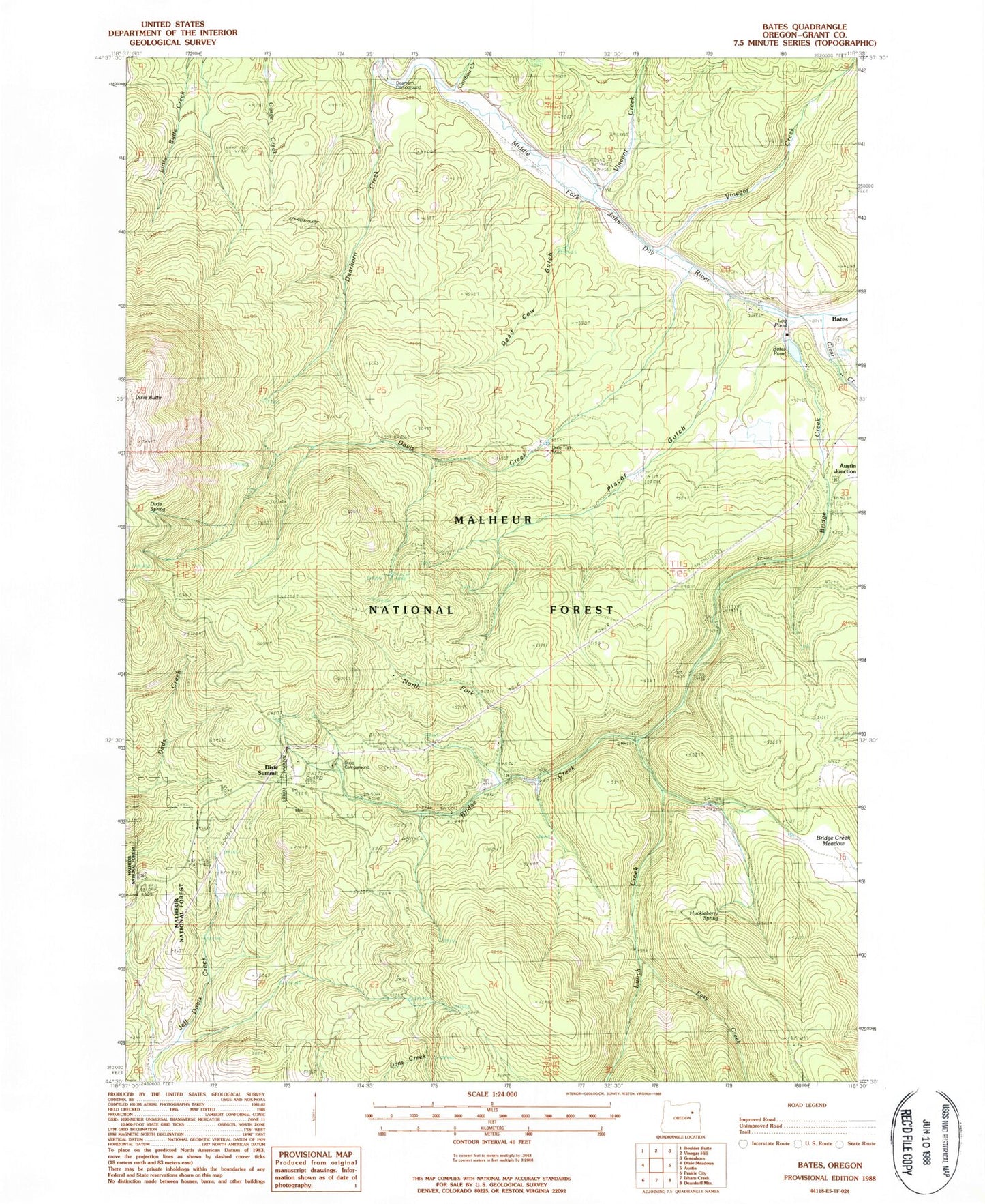 Classic USGS Bates Oregon 7.5'x7.5' Topo Map Image