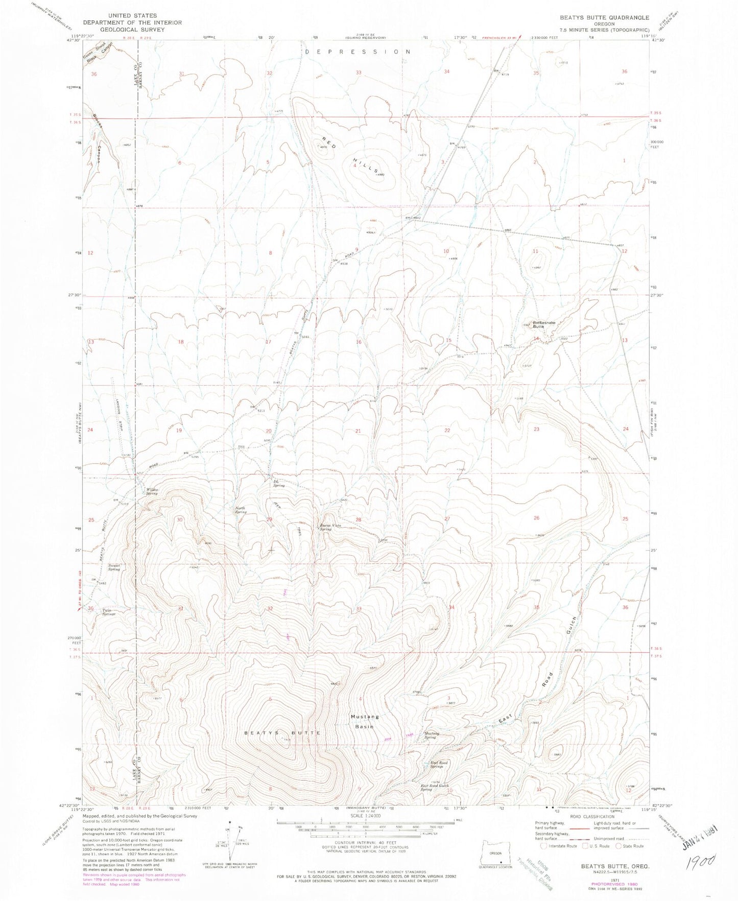 Classic USGS Beatys Butte Oregon 7.5'x7.5' Topo Map Image