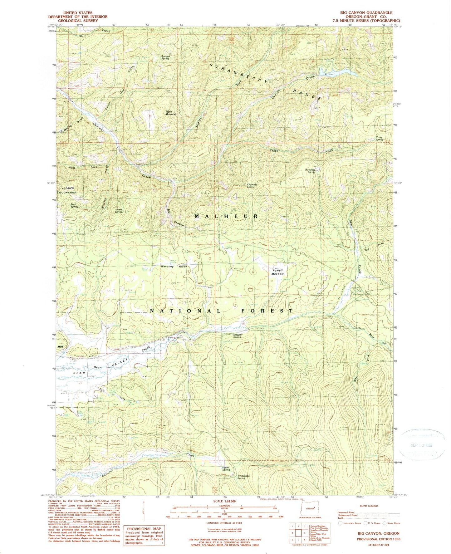 Classic USGS Big Canyon Oregon 7.5'x7.5' Topo Map Image