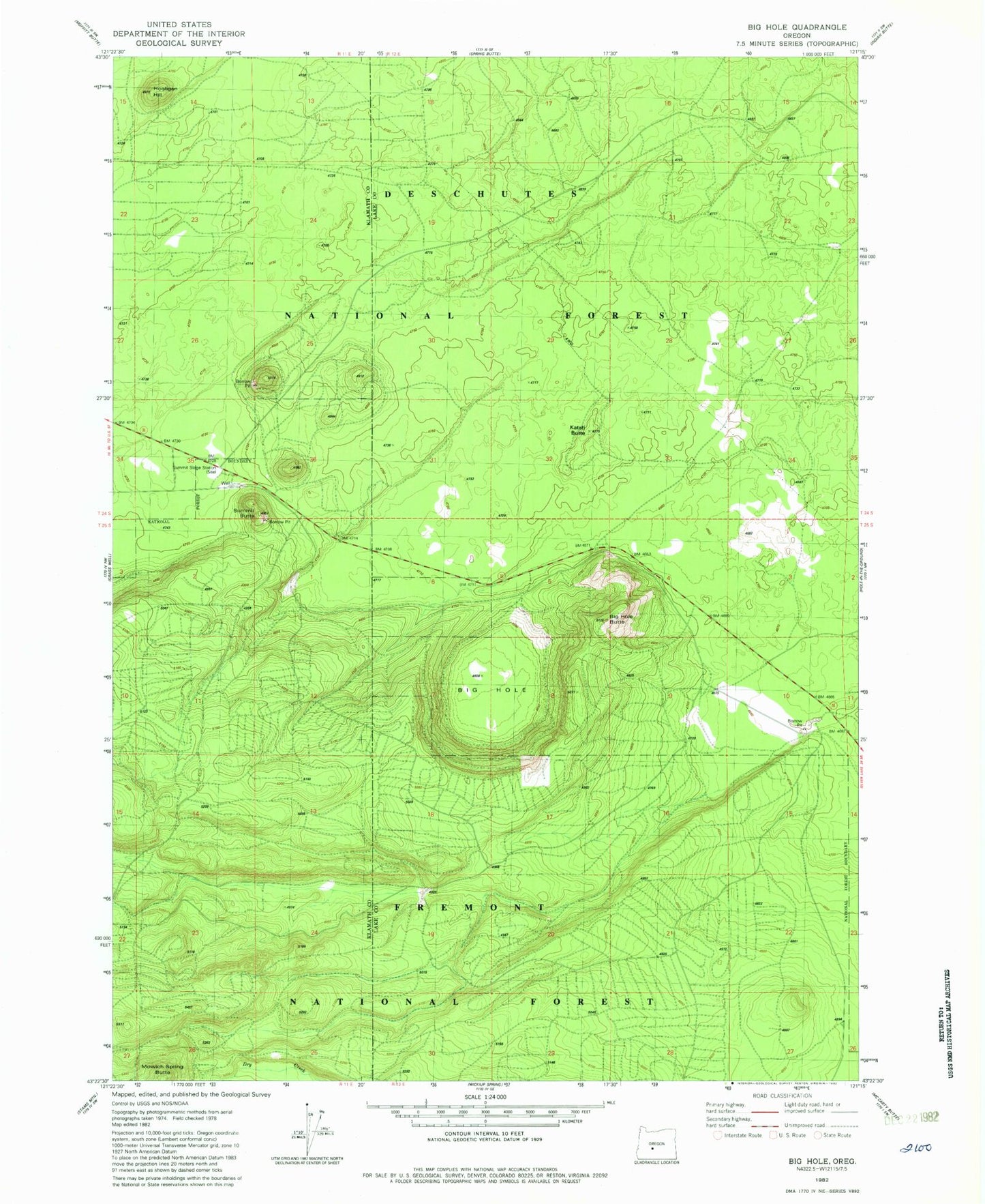 Classic USGS Big Hole Oregon 7.5'x7.5' Topo Map Image