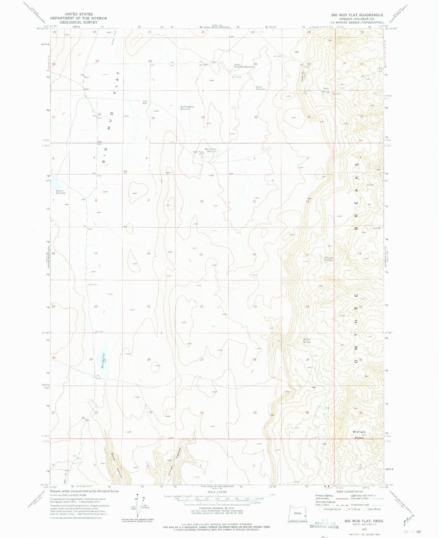 Classic USGS Big Mud Flat Oregon 7.5'x7.5' Topo Map Image