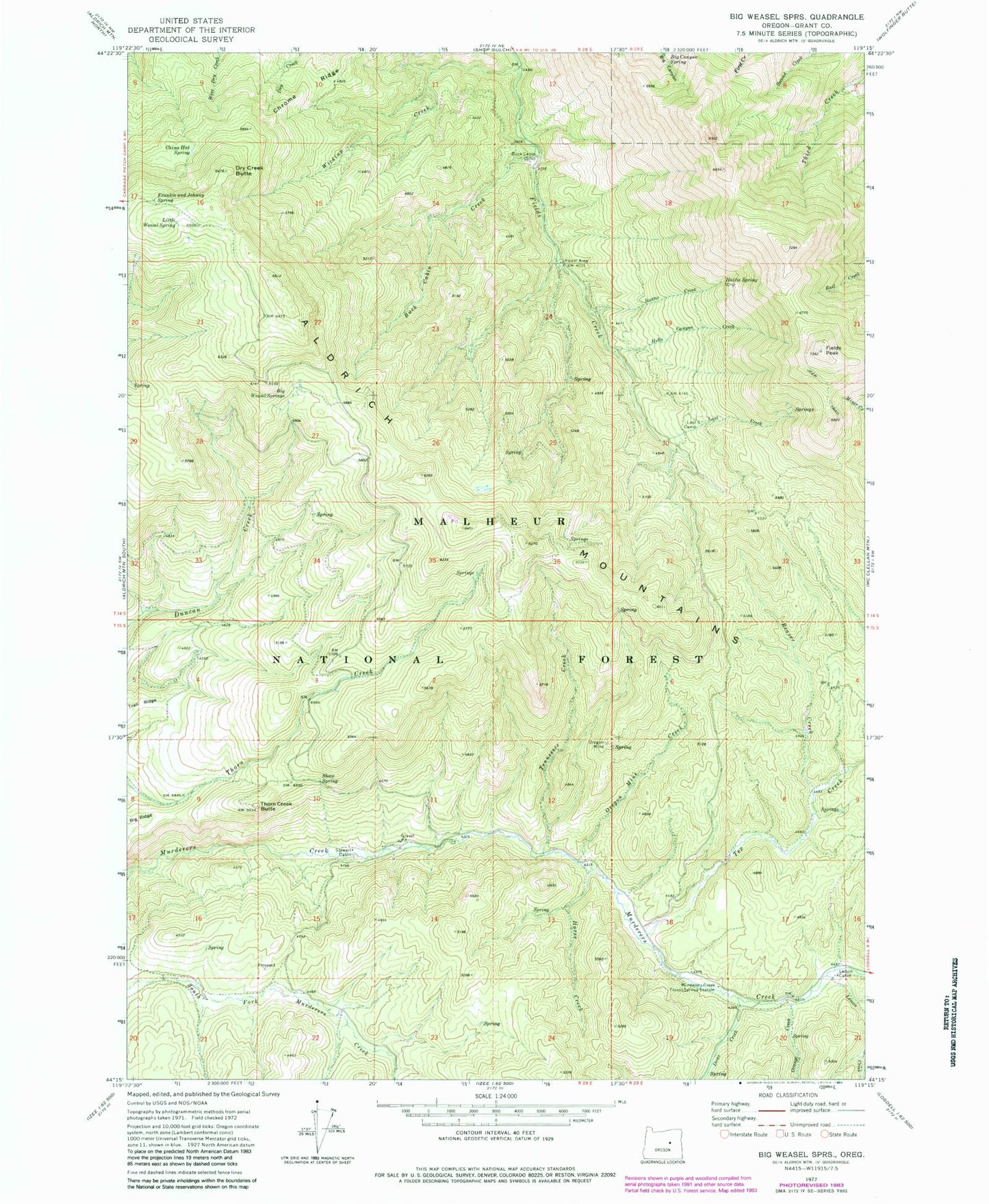 Classic USGS Big Weasel Springs Oregon 7.5'x7.5' Topo Map Image