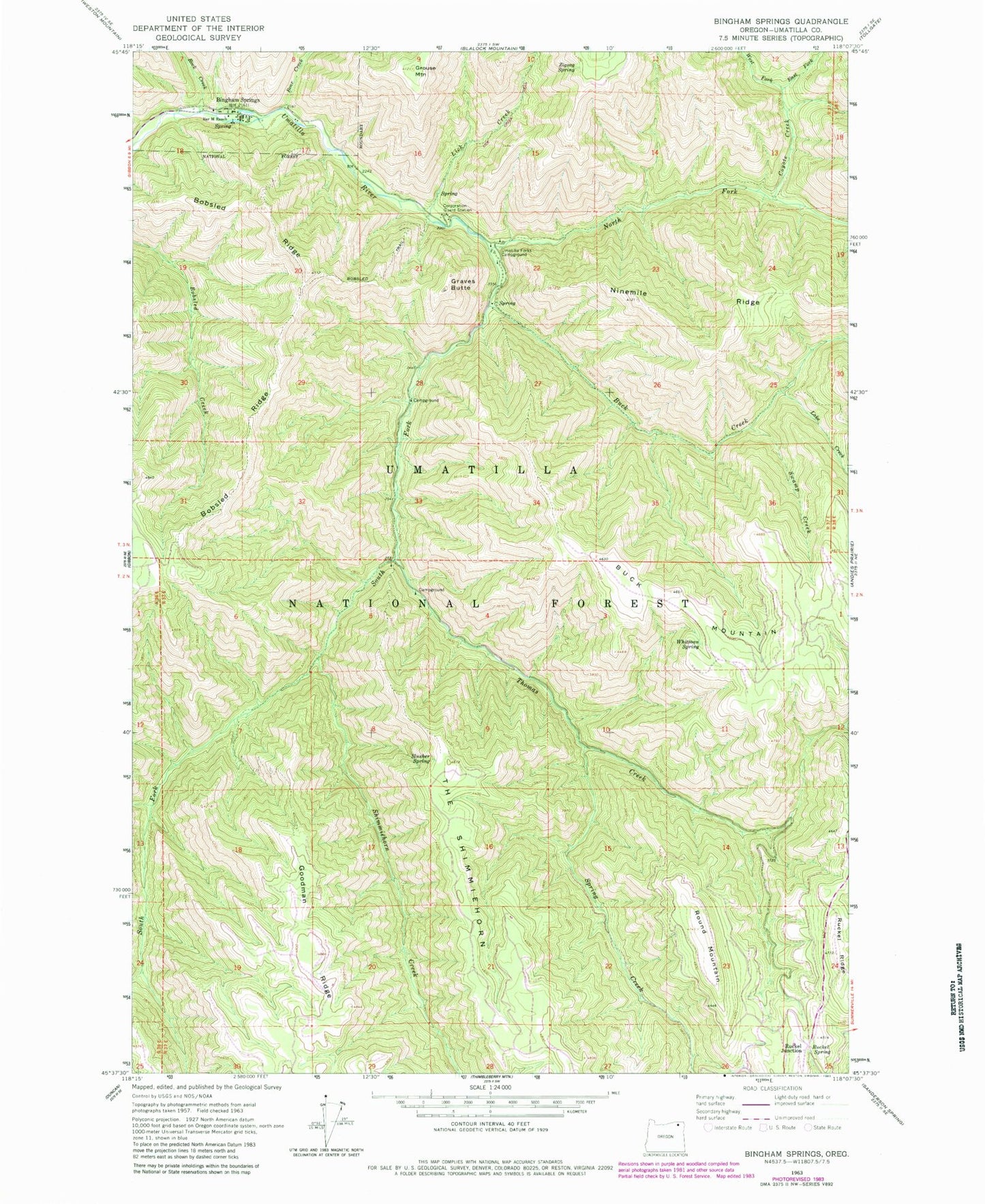Classic USGS Bingham Springs Oregon 7.5'x7.5' Topo Map Image