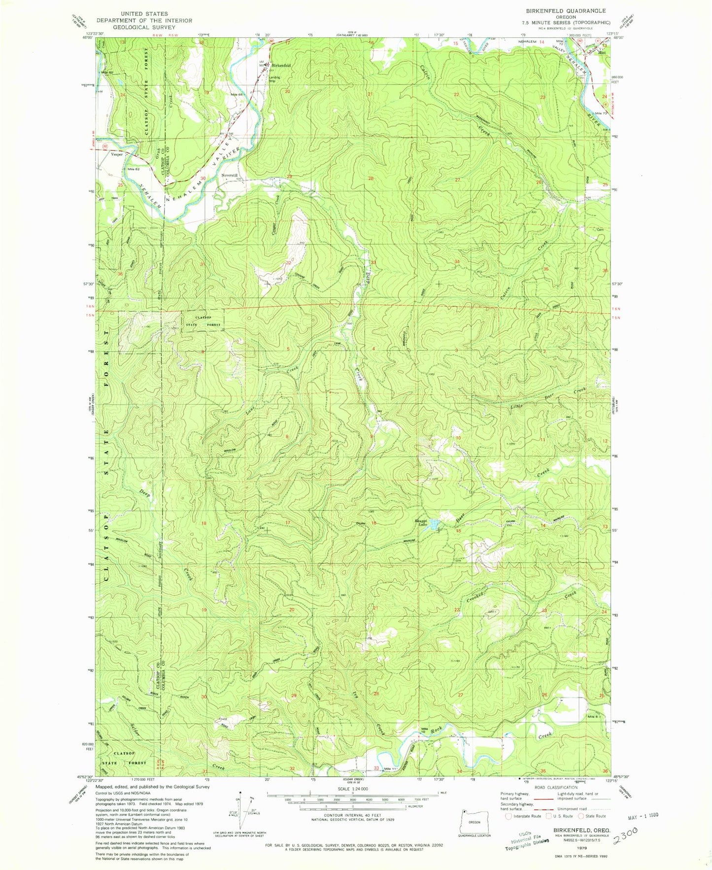 Classic USGS Birkenfeld Oregon 7.5'x7.5' Topo Map Image