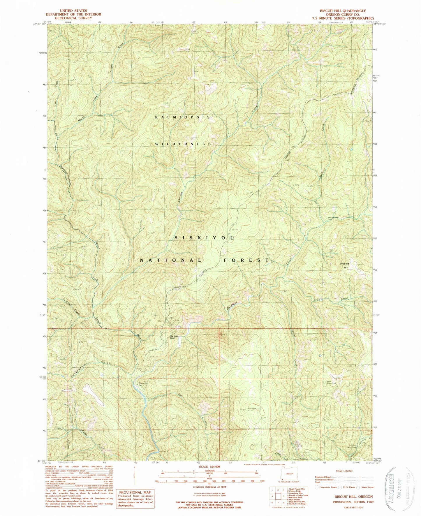 Classic USGS Biscuit Hill Oregon 7.5'x7.5' Topo Map Image
