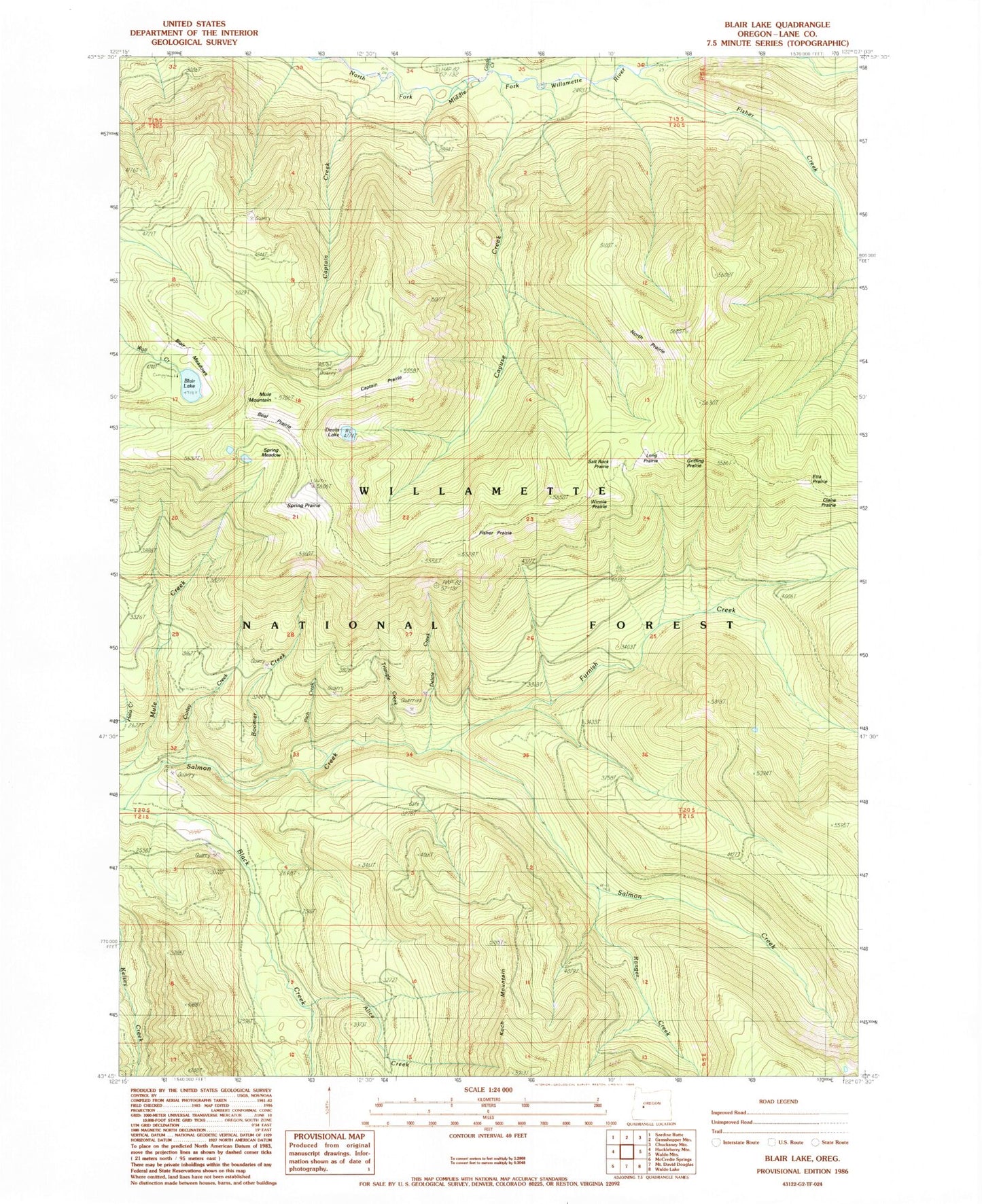 Classic USGS Blair Lake Oregon 7.5'x7.5' Topo Map Image