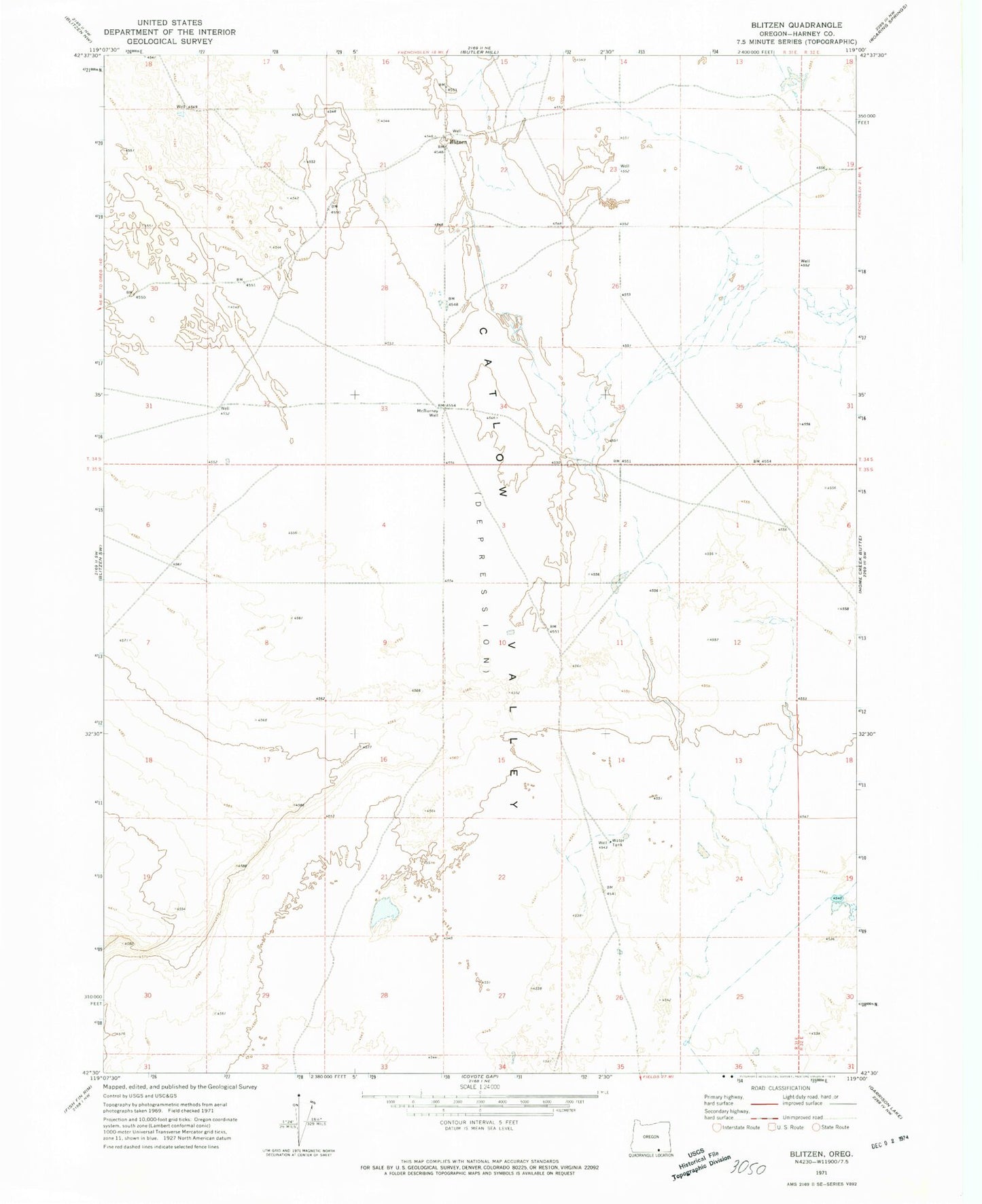 Classic USGS Blitzen Oregon 7.5'x7.5' Topo Map Image