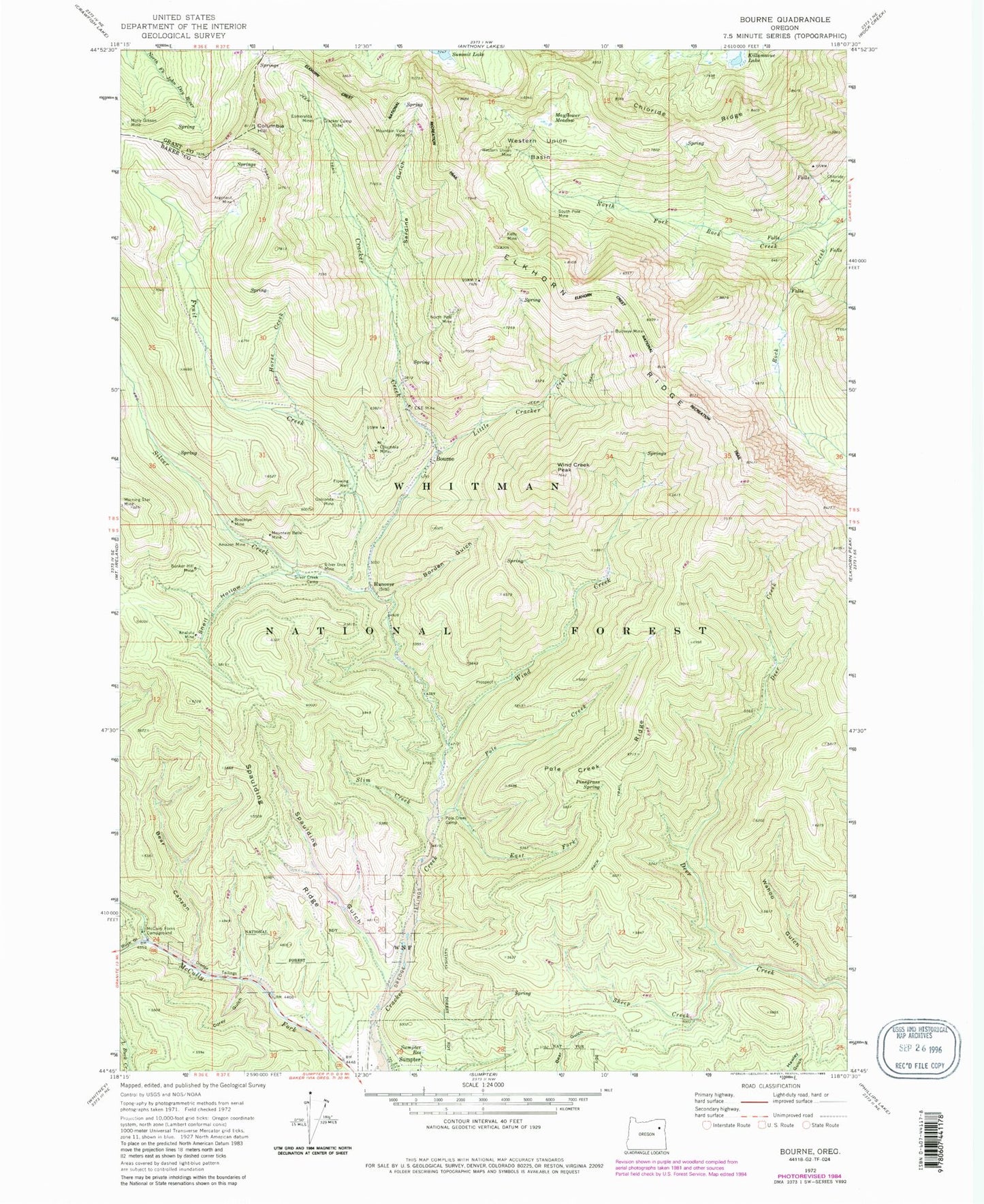 Classic USGS Bourne Oregon 7.5'x7.5' Topo Map Image
