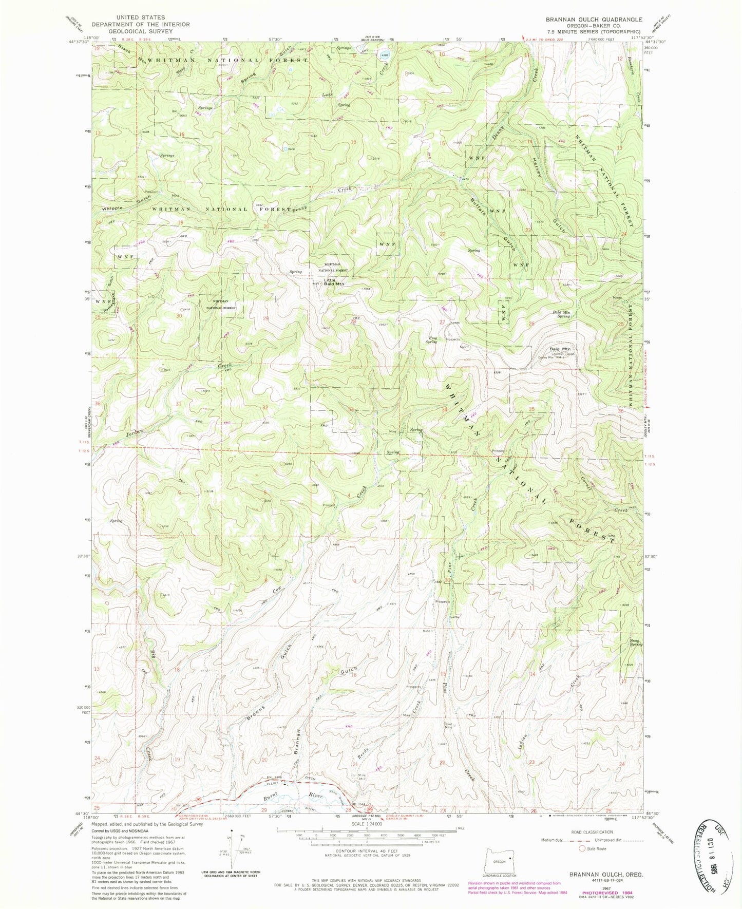 Classic USGS Brannan Gulch Oregon 7.5'x7.5' Topo Map Image