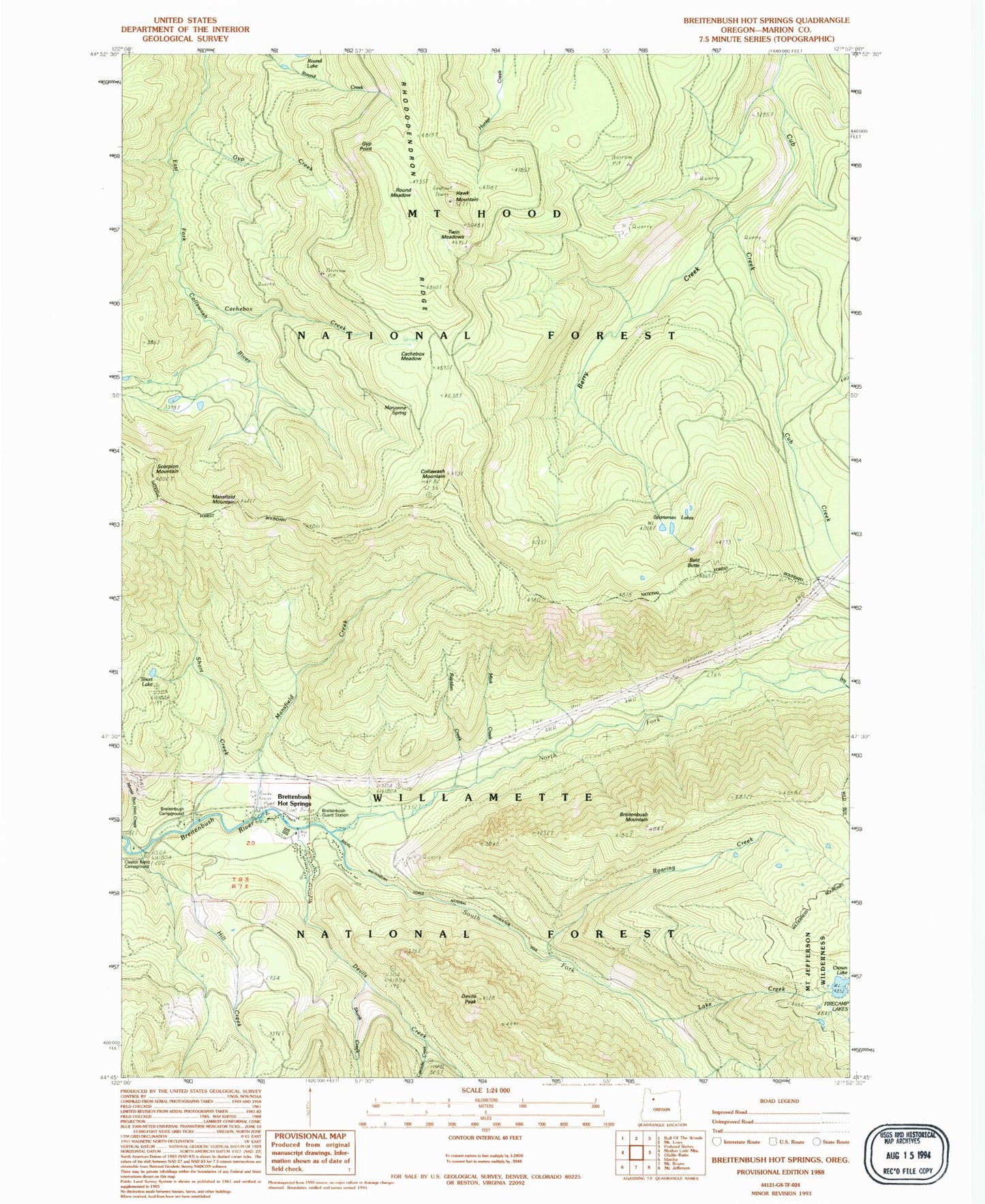 Classic USGS Breitenbush Hot Springs Oregon 7.5'x7.5' Topo Map Image