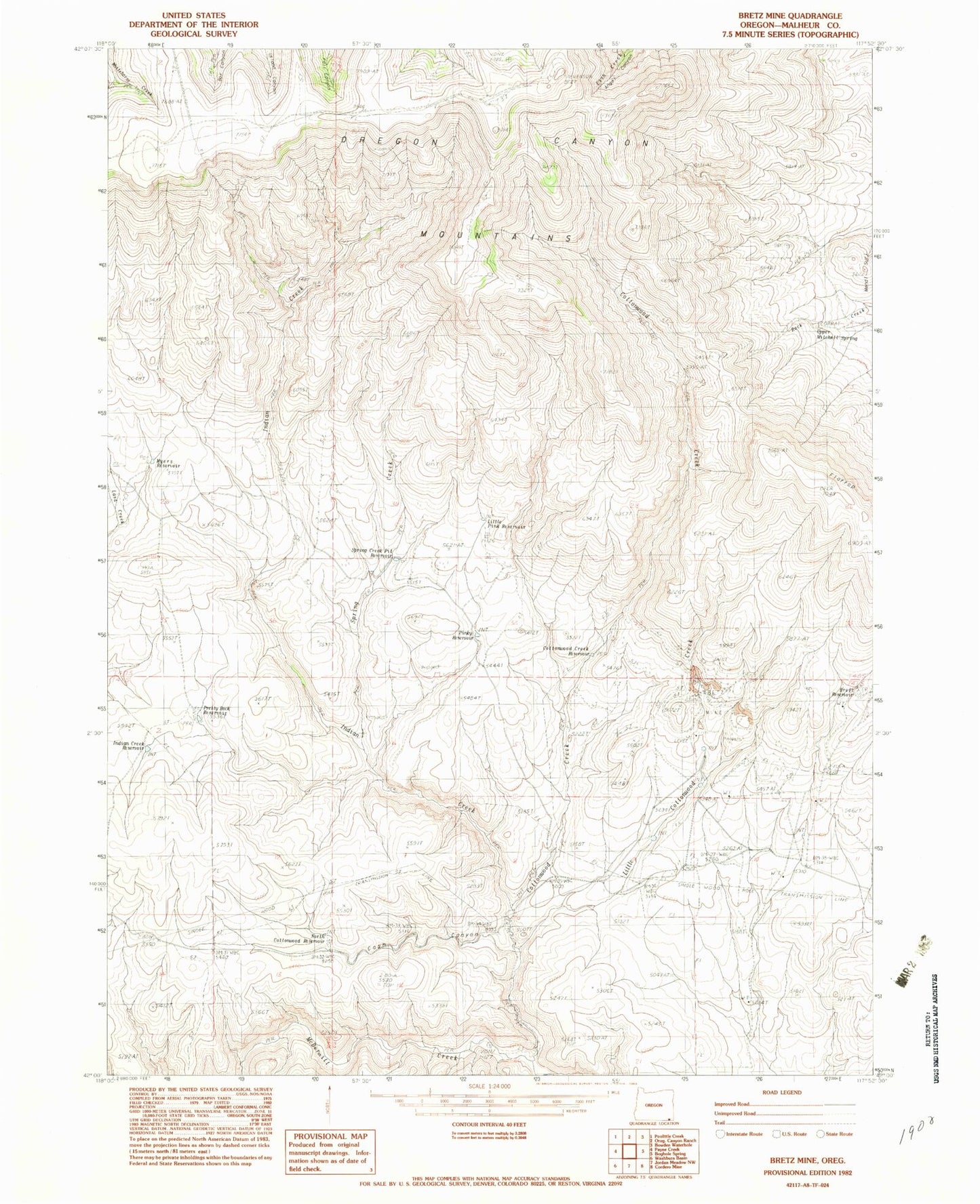 Classic USGS Bretz Mine Oregon 7.5'x7.5' Topo Map Image