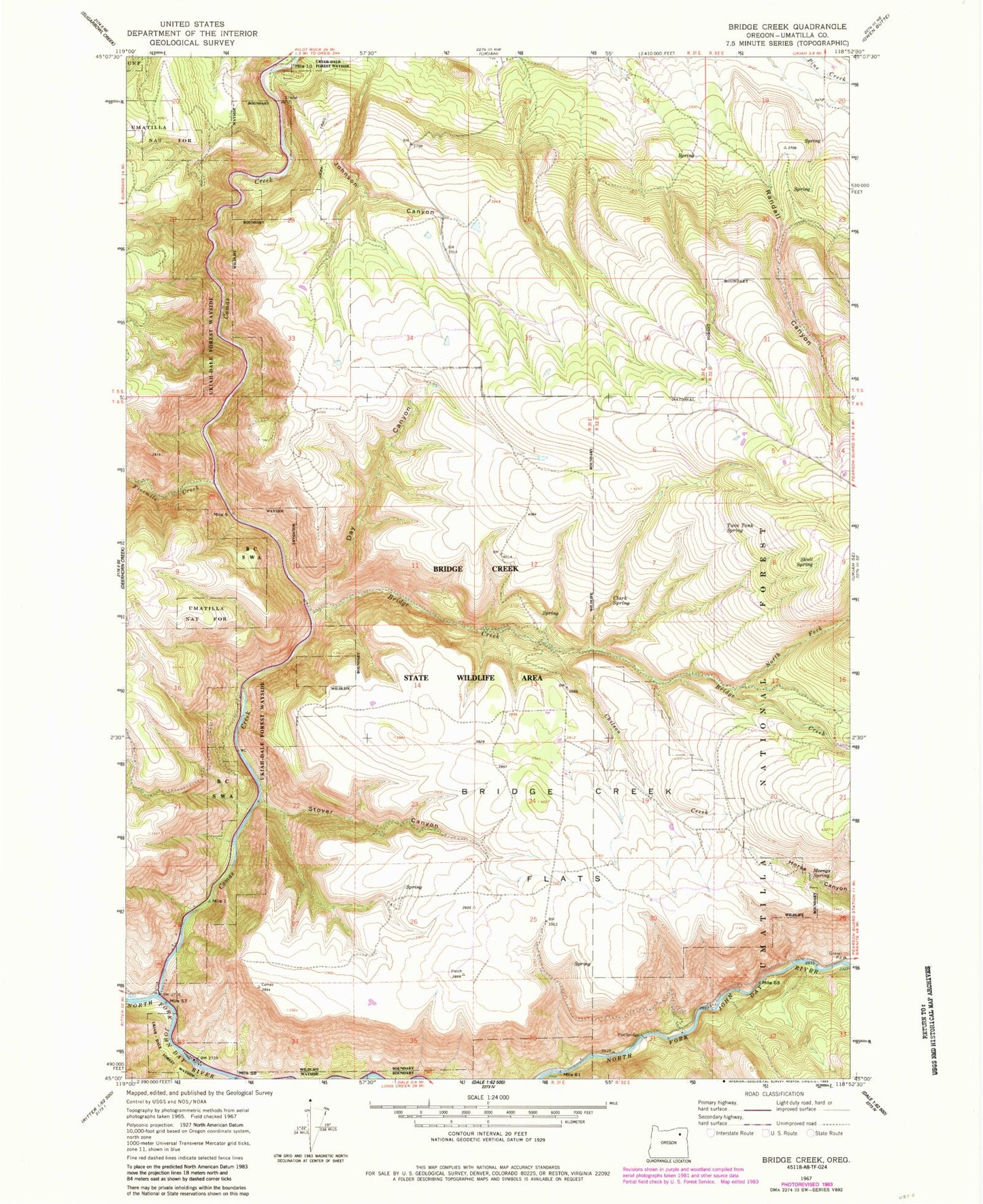 Classic USGS Bridge Creek Oregon 7.5'x7.5' Topo Map Image