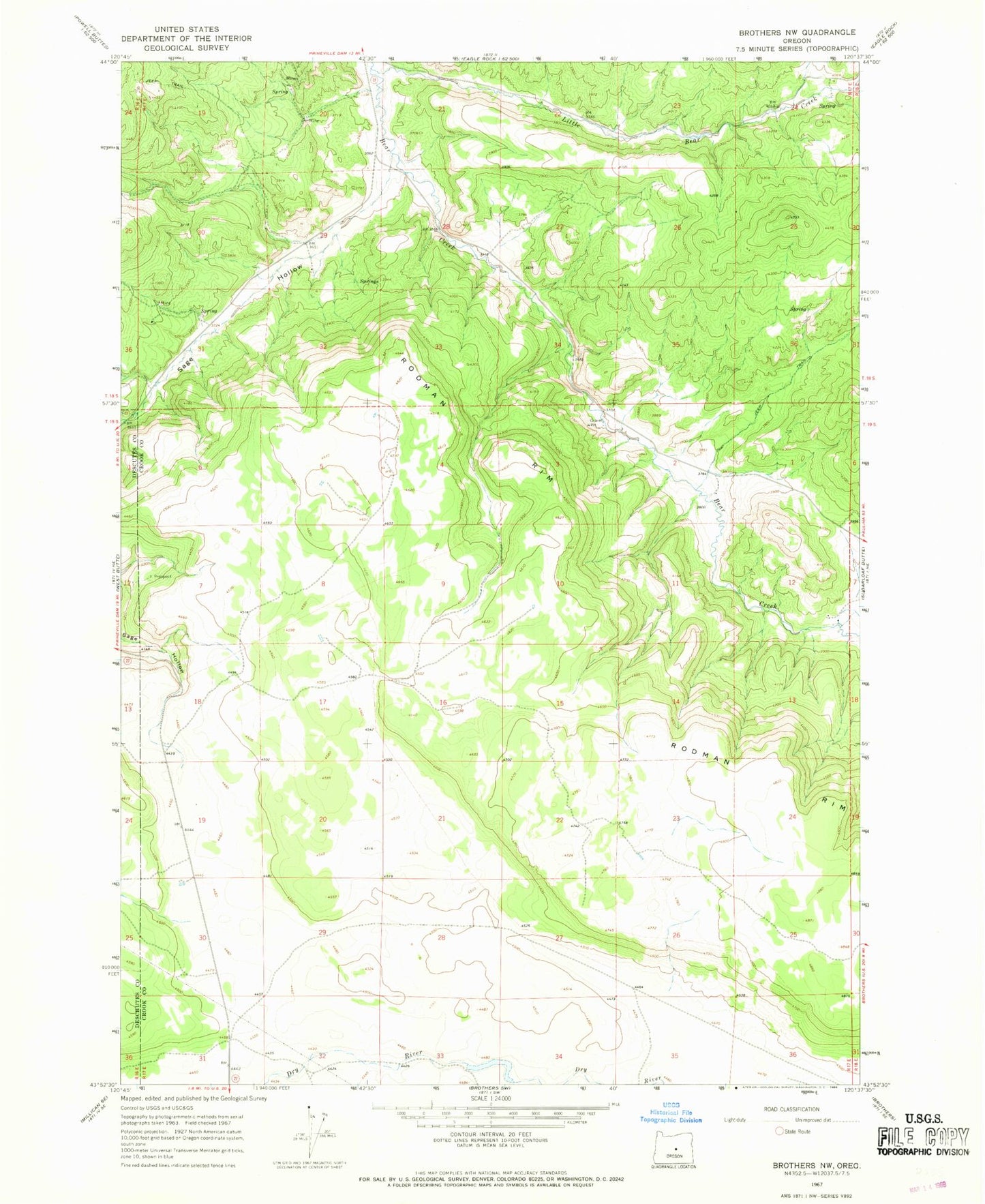 Classic USGS Rodman Rim Oregon 7.5'x7.5' Topo Map Image