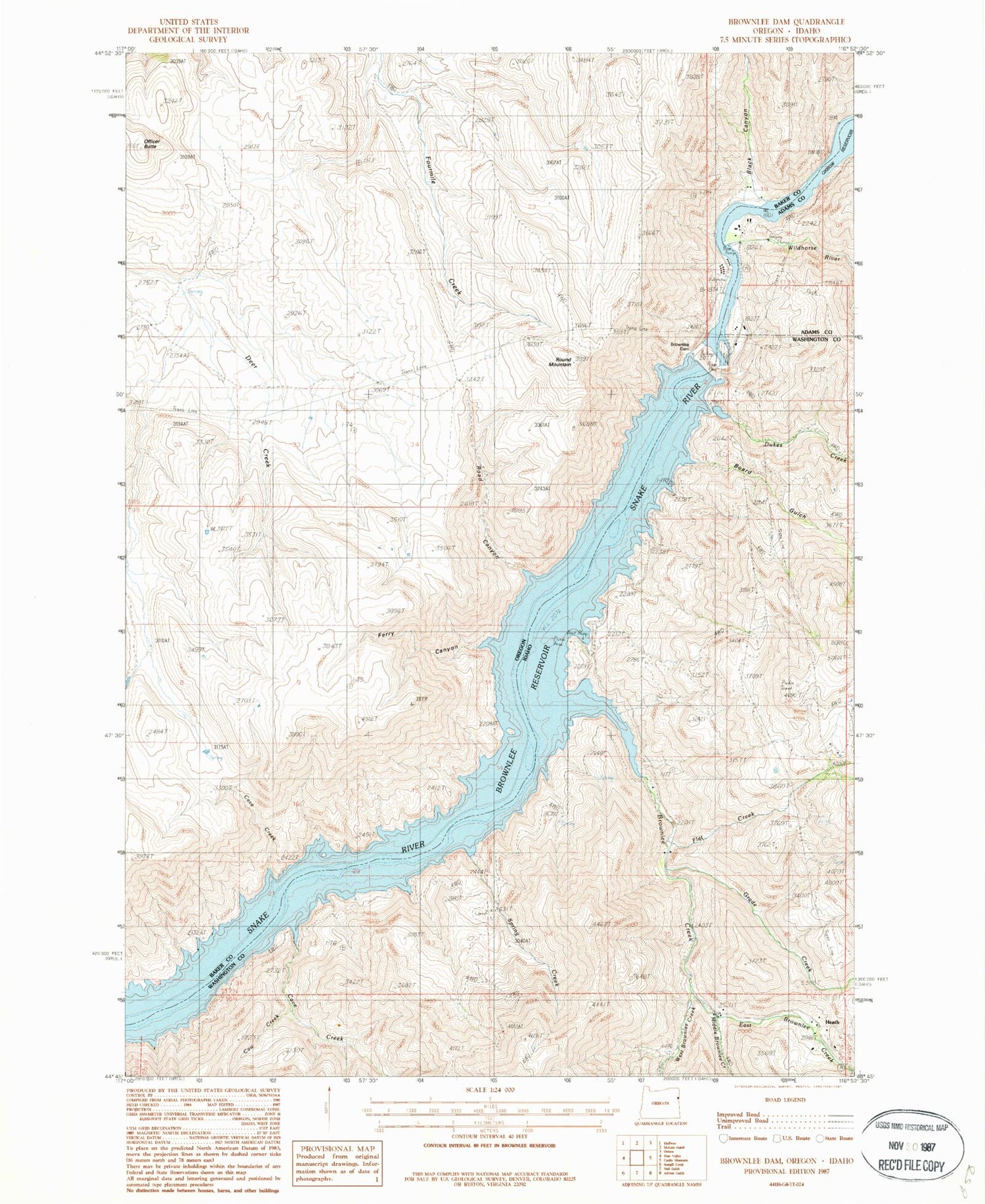 Classic USGS Brownlee Dam Oregon 7.5'x7.5' Topo Map Image