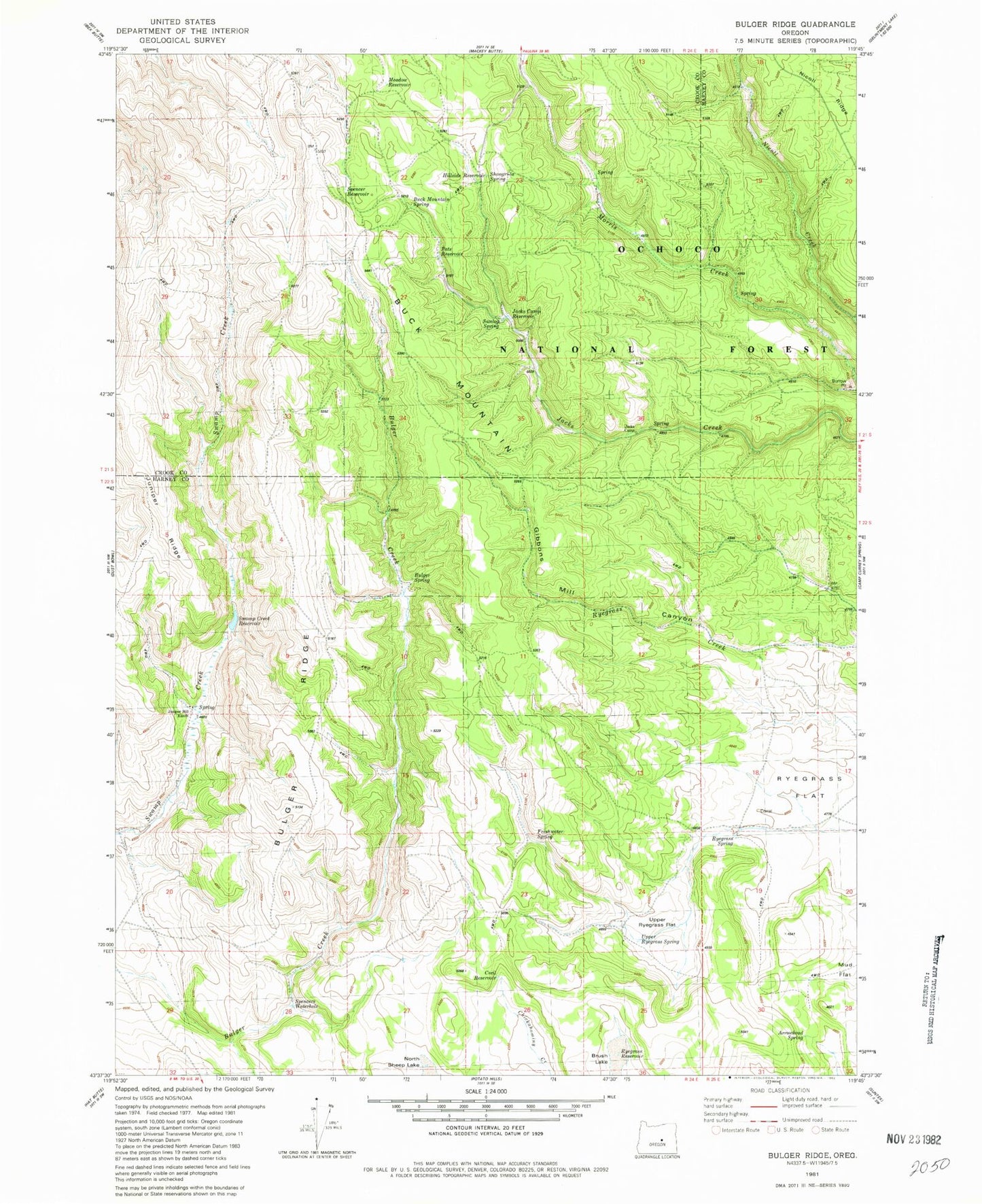 Classic USGS Bulger Ridge Oregon 7.5'x7.5' Topo Map Image