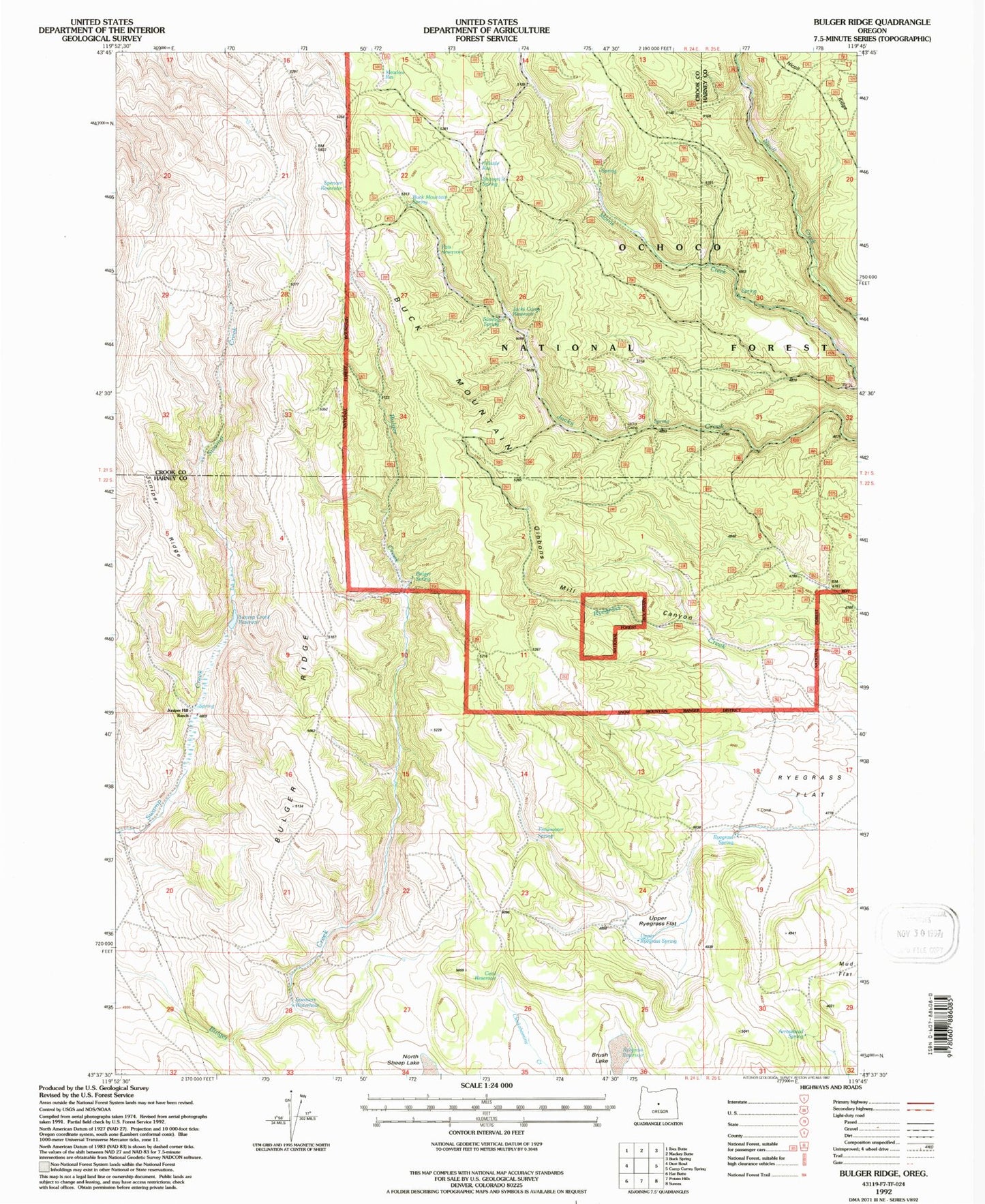 Classic USGS Bulger Ridge Oregon 7.5'x7.5' Topo Map Image