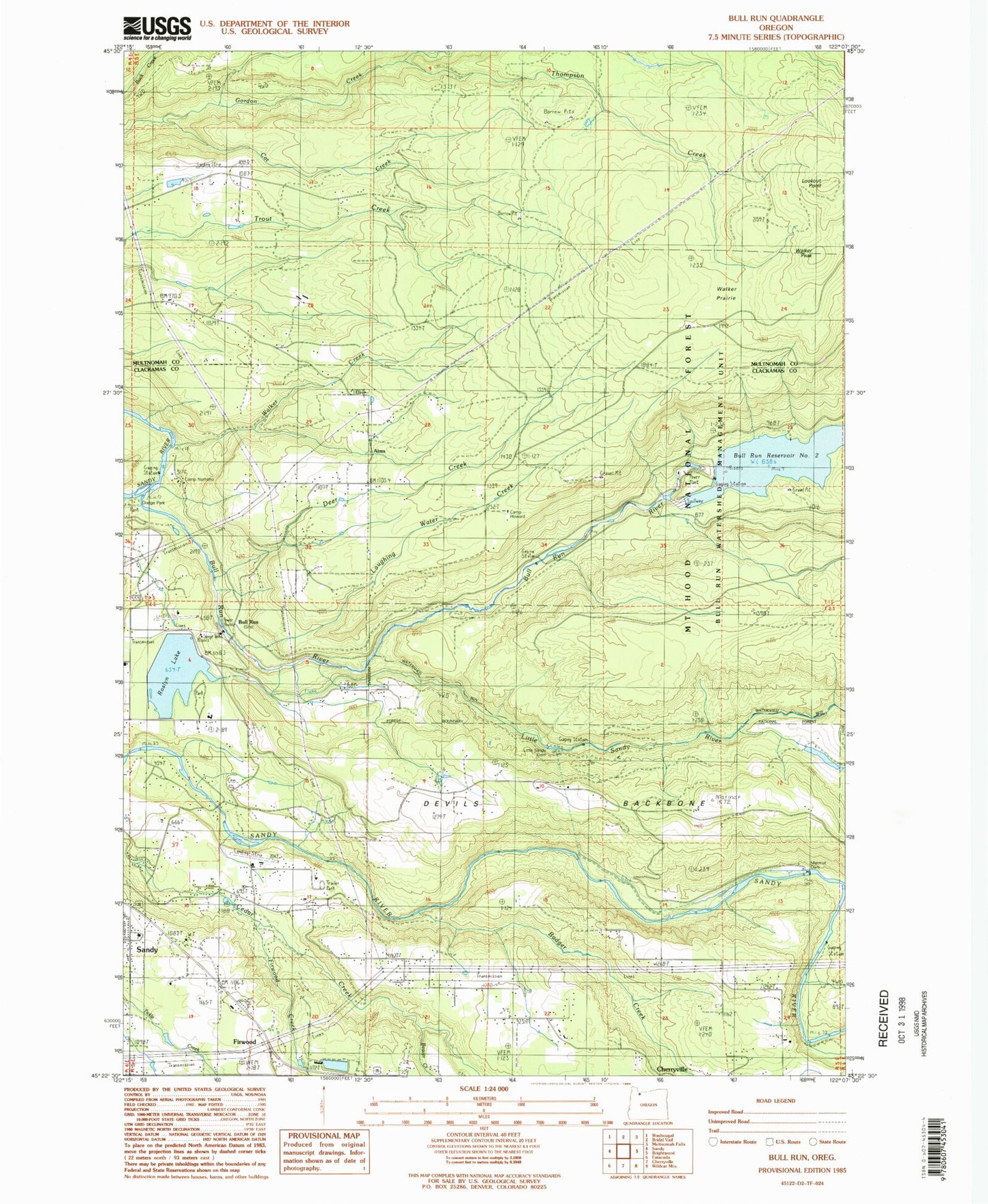 Classic USGS Bull Run Oregon 7.5'x7.5' Topo Map Image