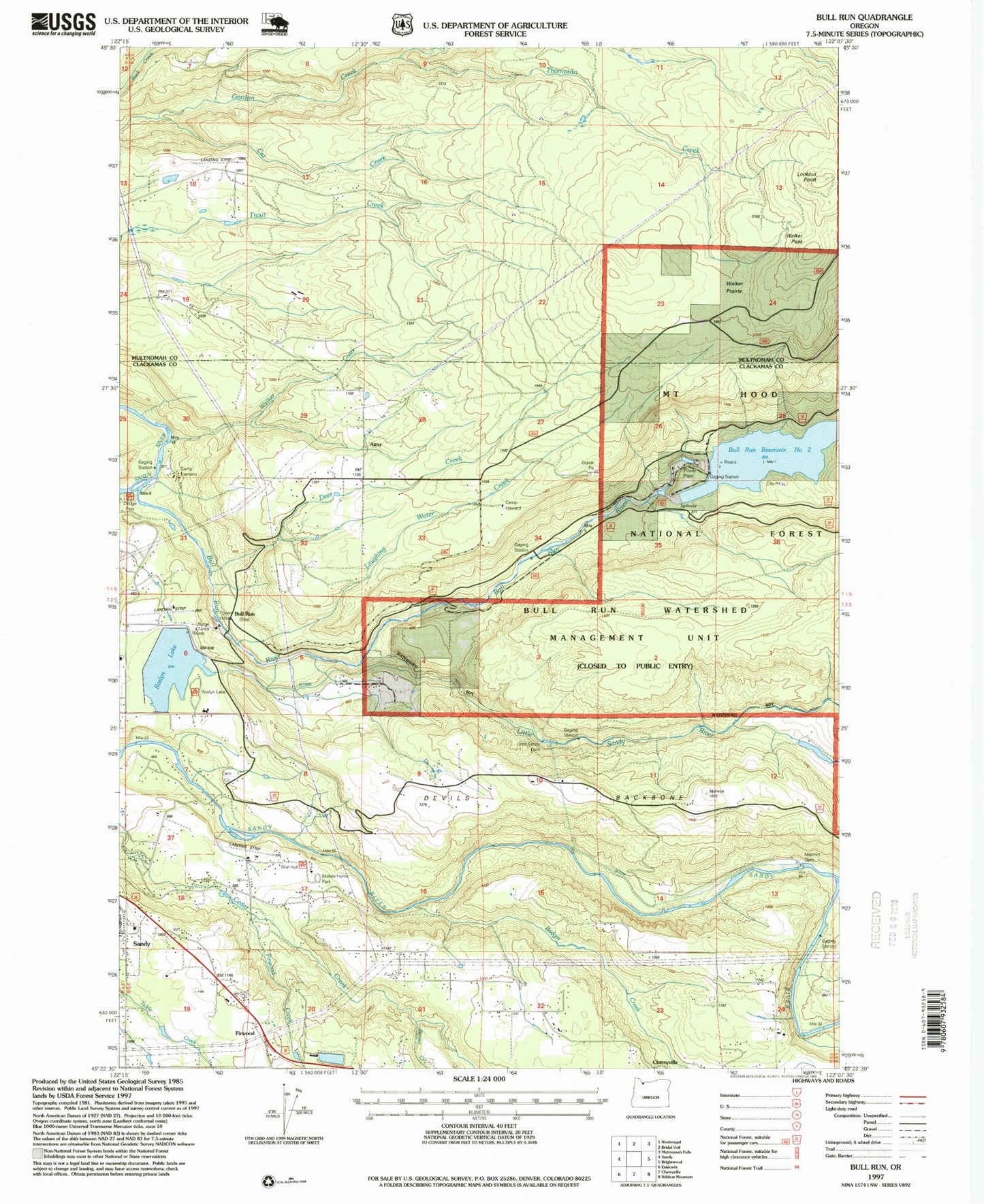 Classic USGS Bull Run Oregon 7.5'x7.5' Topo Map Image