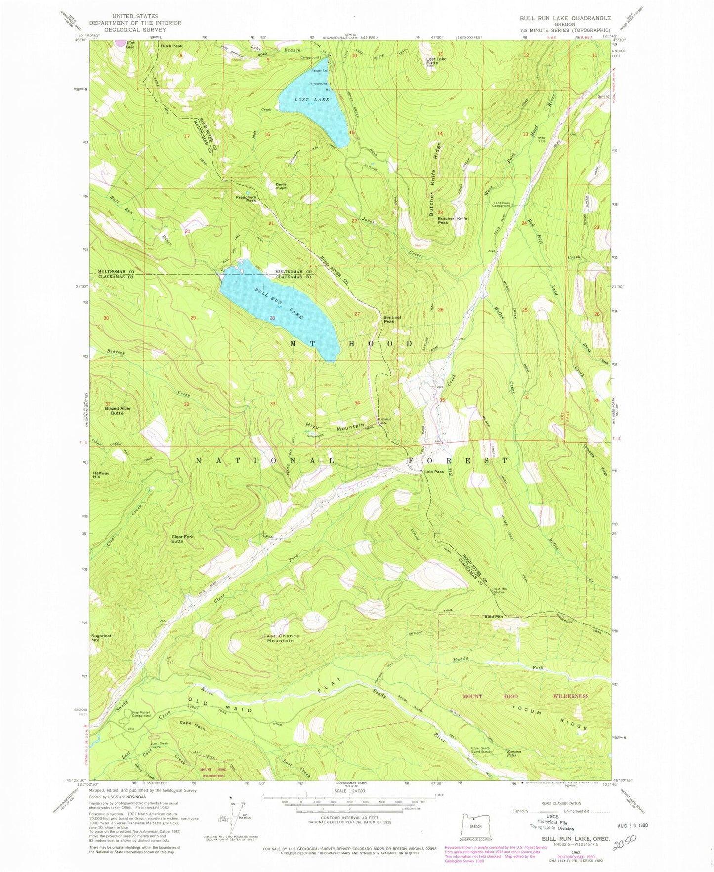 Classic USGS Bull Run Lake Oregon 7.5'x7.5' Topo Map Image
