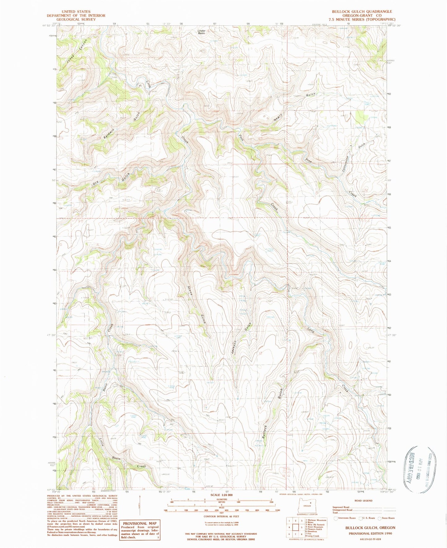 Classic USGS Bullock Gulch Oregon 7.5'x7.5' Topo Map Image